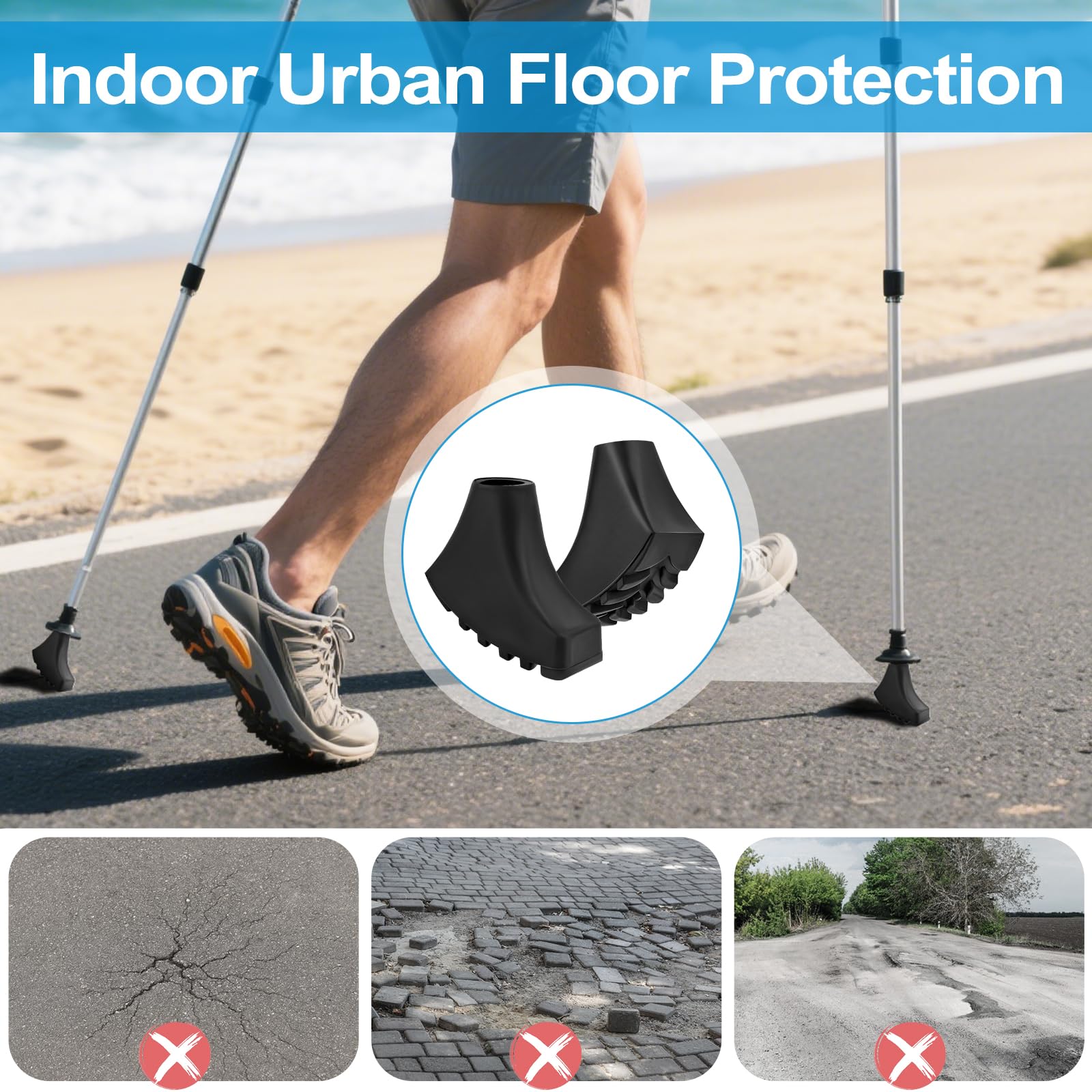 Puntas de Goma de Bastones Senderismo y Bastones Trekking (11mm), Antideslizantes Tapas para Bastones de Senderismo, para Almohadillas Resistentes para Asfalto, Grava y Montaña （B）