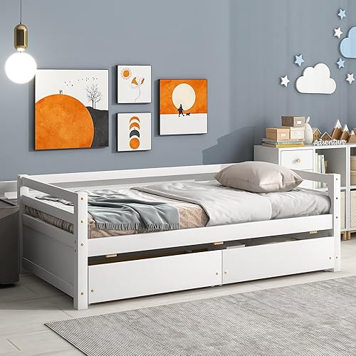 Miniatura 4 de Harper & Bright Designs Sofá cama de madera de tamaño individual con dos cajones de almacenamiento, sofá cama con listones, no necesita somier,