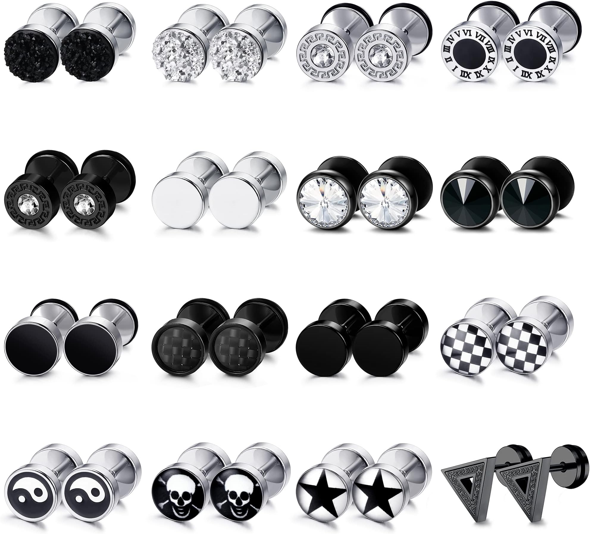 16 Pairs Fake Gauge Earrings for Men Women Stainless Steel Stud Earrings Cheater Fake Ear Plugs Faux Gauges Earrings Ear Tunnel