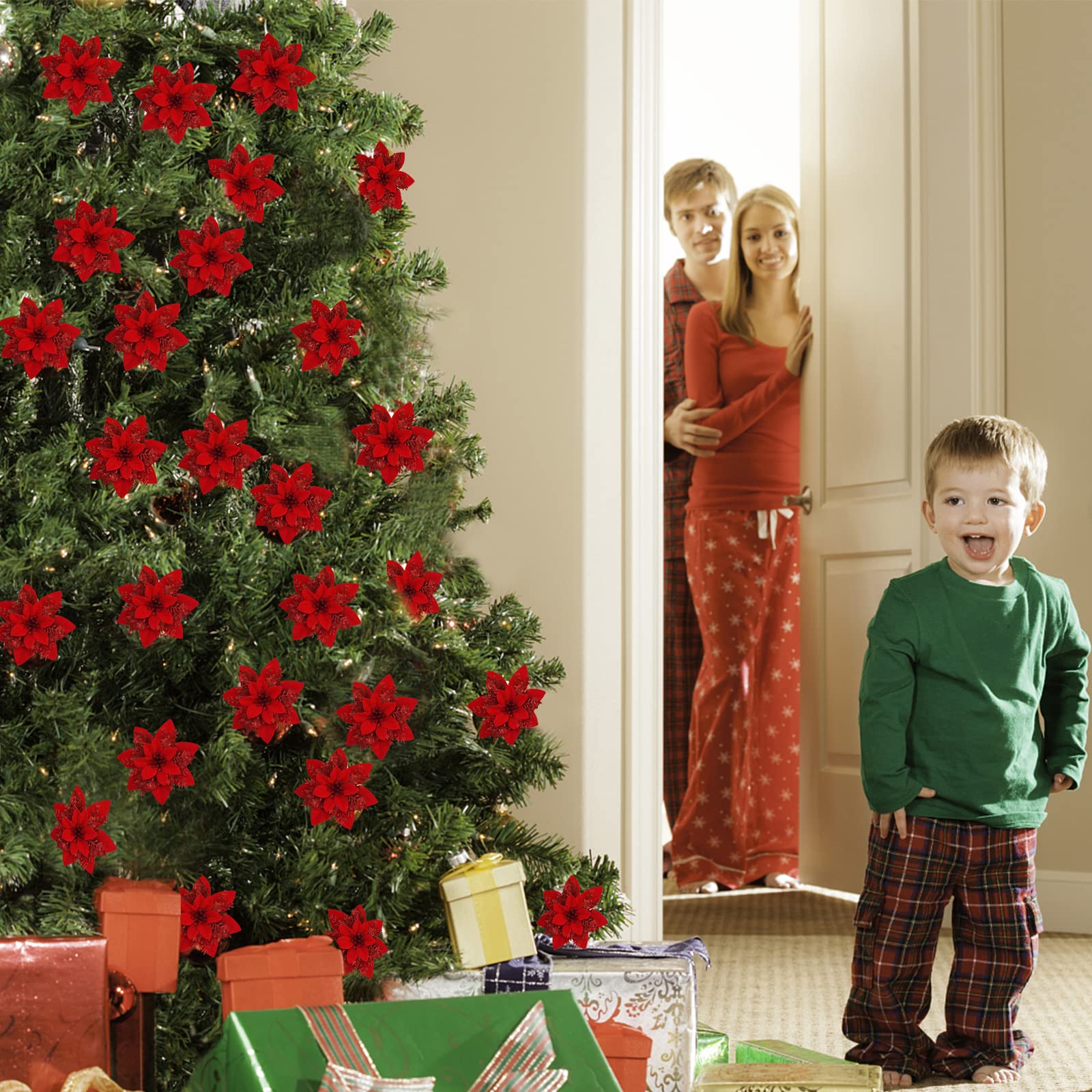 Fleurs De Noël 30 Pièces, Fleurs Sapin De Noel Avec 30 Petits Clips, Fleur De Noël Poinsettia, Fleur De Noel Pour Sapin, Noël Fleurs Guirlande Décorations, Noël Décor De Fleurs (gold