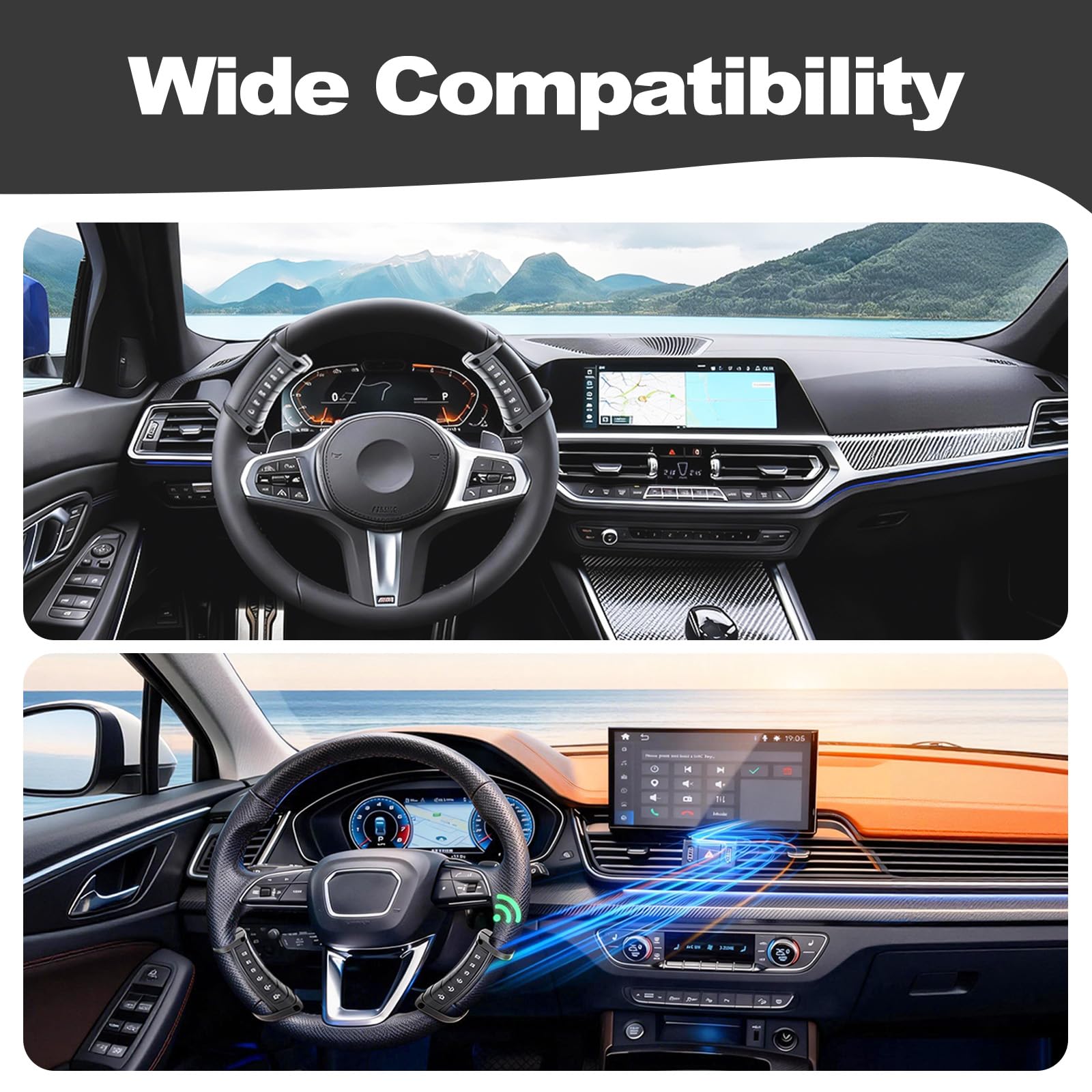 Control inalámbrico Universal del Volante – Compatible con DVD/Radio/Sistemas de navegación del Coche, Adaptador de Control del Volante con botón Remoto Plug & Play (Negro)