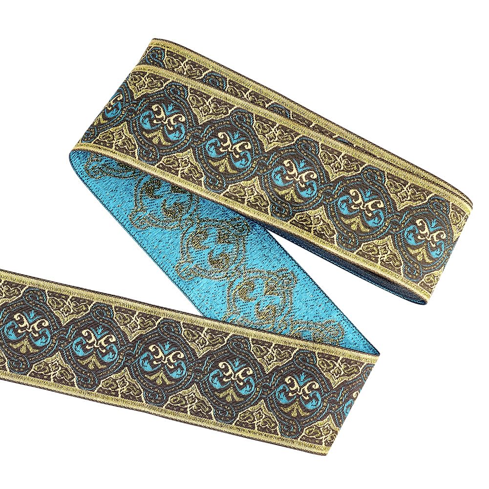 FINGERINSPIRE 5.5 Yard 2 inch Gold Blue Vintage Jacquard Ribbon Ethnic Style Floral Pattern Embroidery Woven Trim Polyester Fabric Trim Retro Sewing Ribbon for Clothing, Bag Straps, Craft Decor