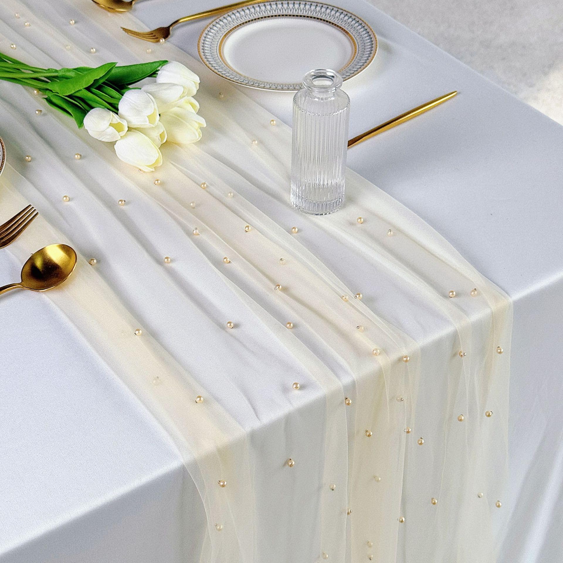 Plancholo Pearl Table Runner 118 Inches Long Champagne Boho Rustic Tulle Table Runner with Champagne Pearls for Wedding Birthday Party Table Decor, 30x118 Inches