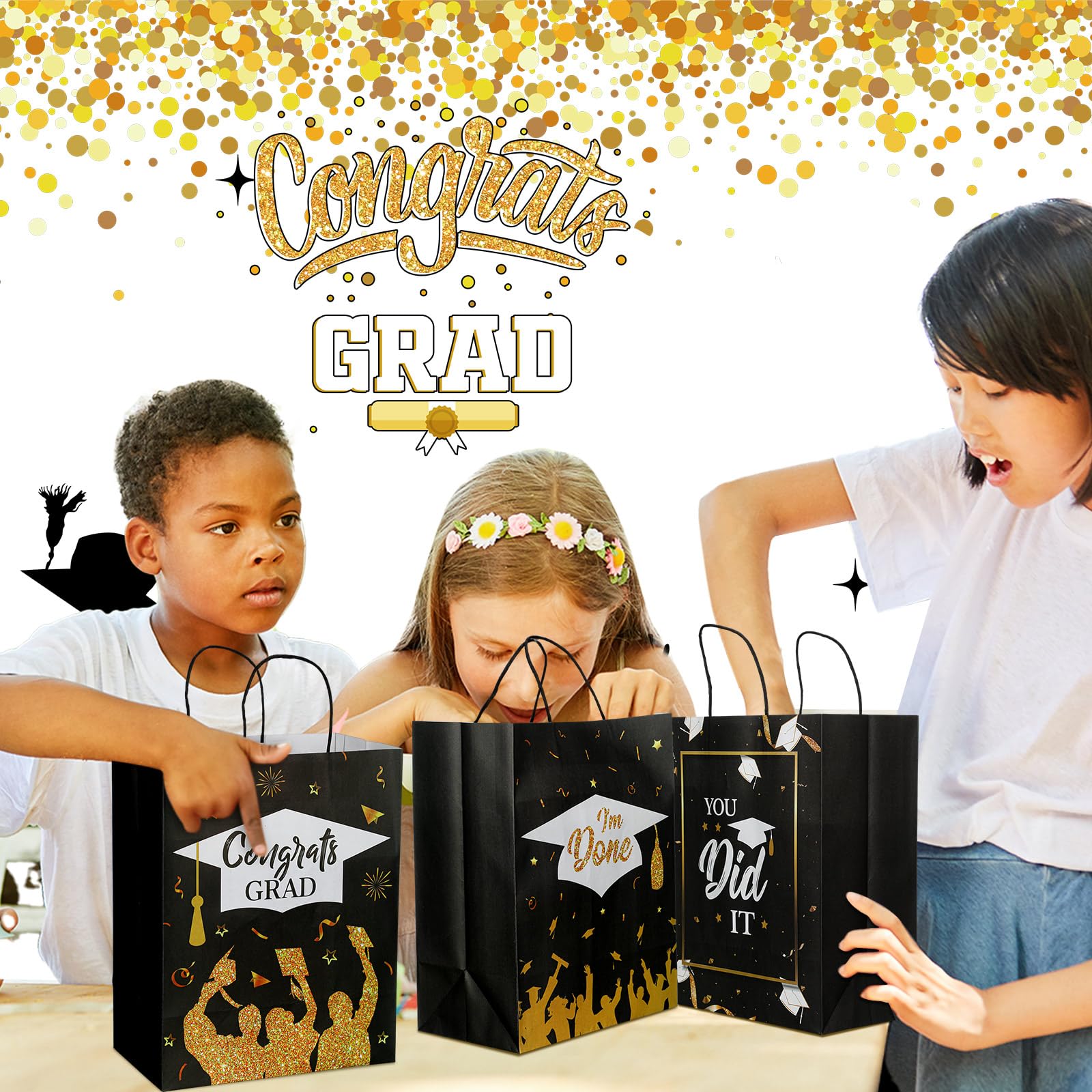 Geyoga 10 Pcs 13'' Large 2026 Graduation Party Favor Bags with Handles and Tissue Papers, Class of 2026 Graduation Gift Bags for High School College Congrats Grad Party Supplies(Black and Gold)