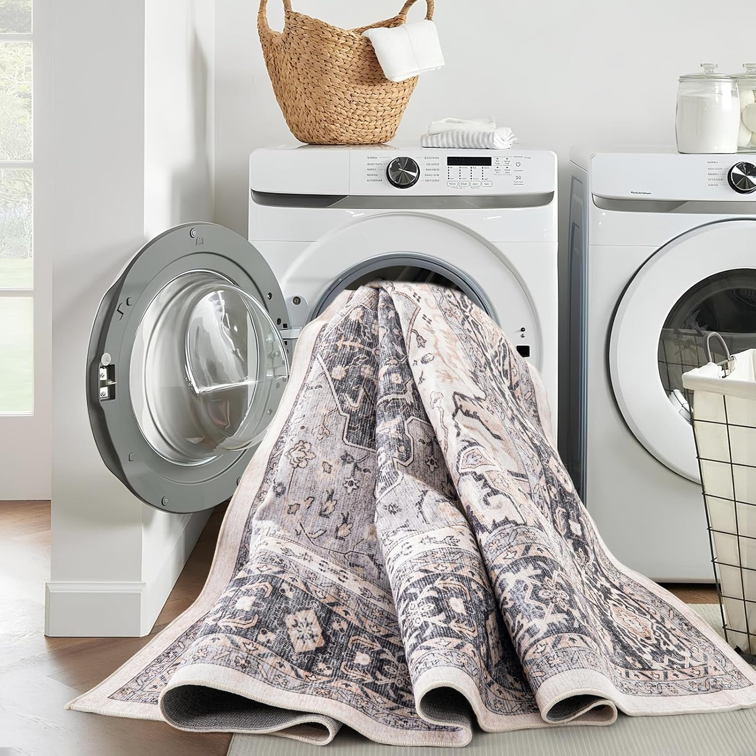 Asrug Vintage Area Rug-5x7 Machine Washable Large Rug Low Pile Distressed Medallion Floor Cover Throw Carpet Non-Slip Mat for Living Room Dinning Room Bedroom Nursery Indoor，Grey