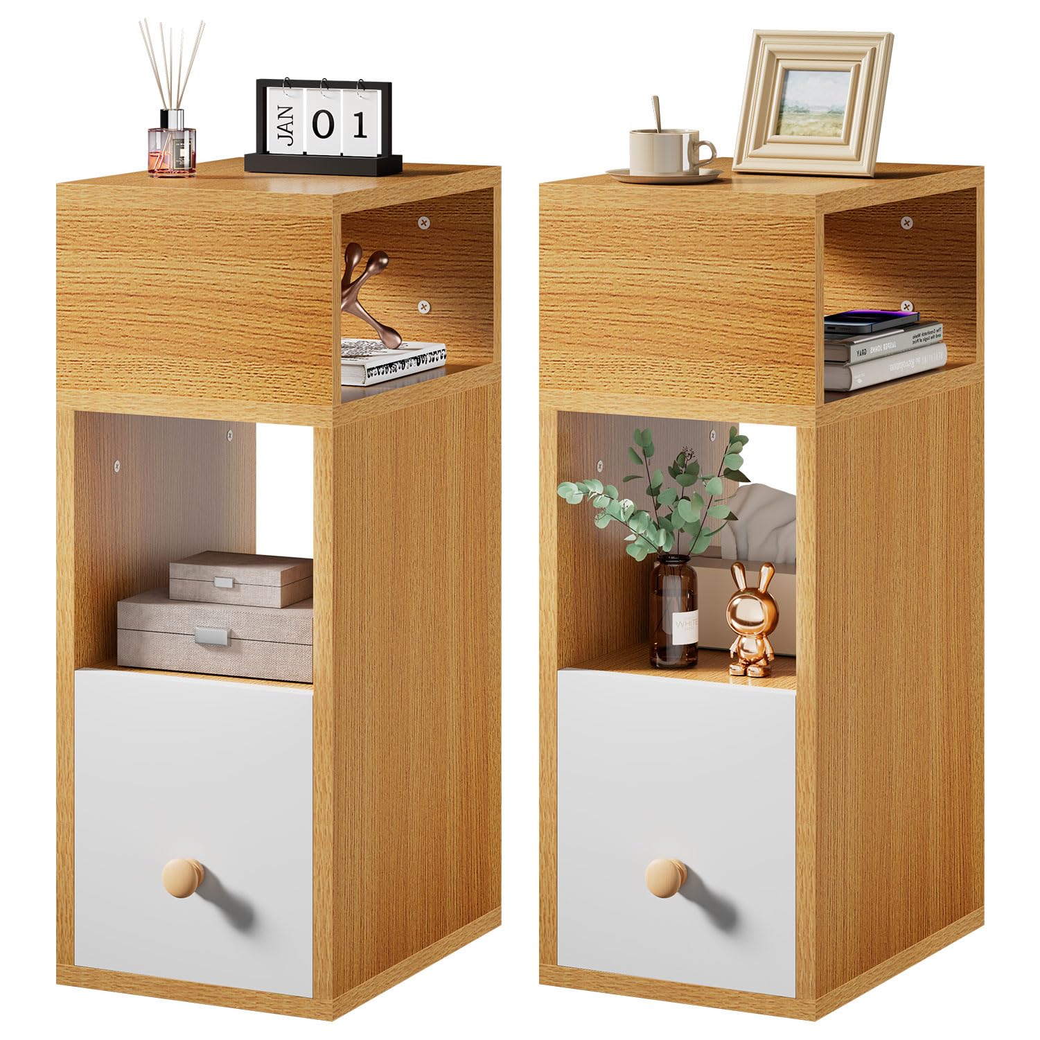 IBUYKE Slim Bedside Table Set of 2,Narrow Nightstand,Natural WNS006N-2