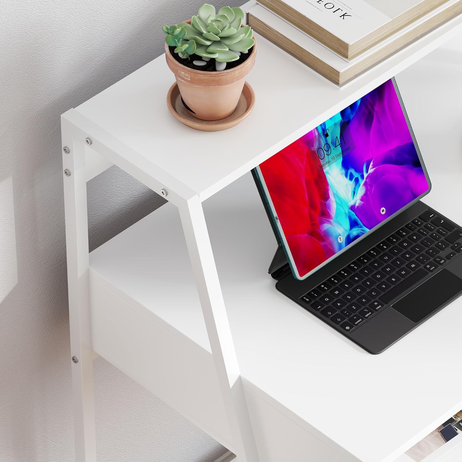 HOMCOM Home Office Desk, Computer Desk with A Frame for Small Spaces, Writing Table with Drawer and Storage Shelves, White