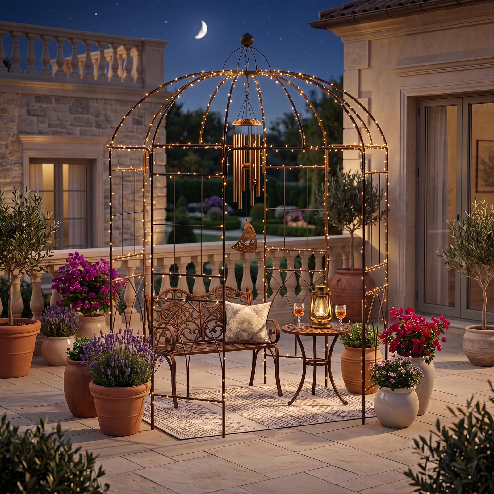 GYMAX Arche de Jardin Rosier en Forme de Cage à Oiseaux, Tonnelle en Métal pour Plantes Grimpantes, Treillis Verticaux, Cadre Métallique Robuste, Décoration pour Repas, Fête, Mariage, 203 x 296 cm
