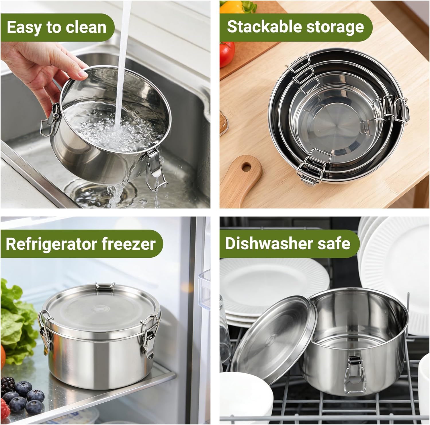 Food Storage Containers with Lids, 13+22+37oz/Set Stainless Steel Food Containers for Kitchen Storage and Organization, Leak Proof Stackable Meal Prep Container, Dishwasher Safe