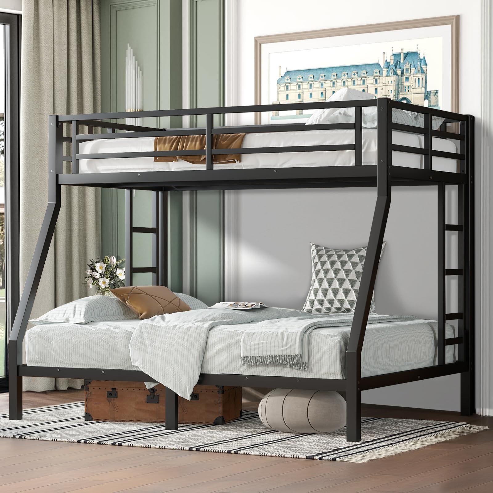 XUWANSHANG Twin Over Full Bunk Bed Frame, Heavy Duty Metal Loft Bed for Adults/Teens, 400/600LB Capacity w/Ladder & Guardrail, Noise-Free Steel Slats, No Box Spring Required, Black
