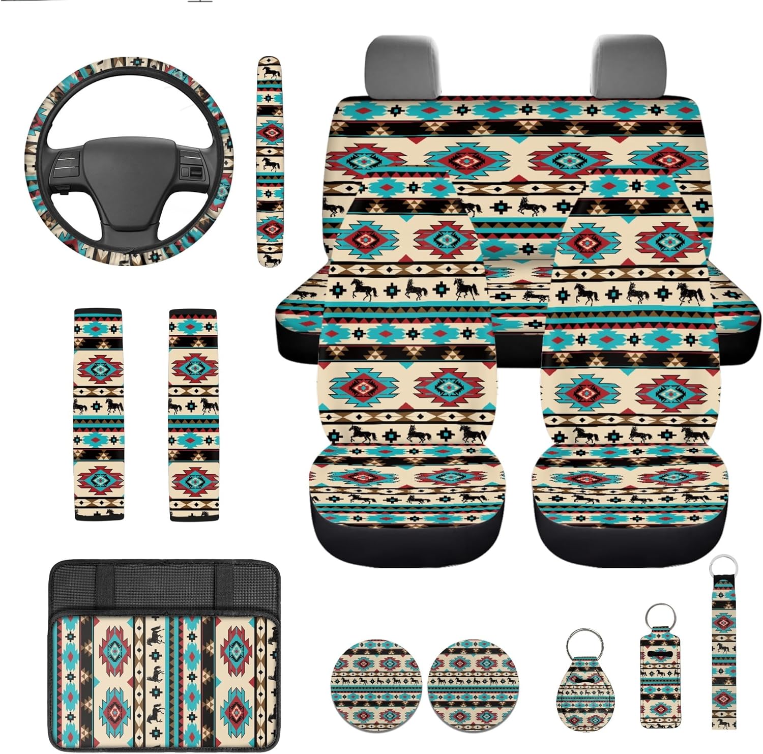 Cute Highland Cow Car Seat Cover Full Set with Steering Wheel Cover Seat Belt Strap Pads Armrest Pad Coasters Keychain Lipstick Holder 13 PCS Automobile Accessory Interior Decor