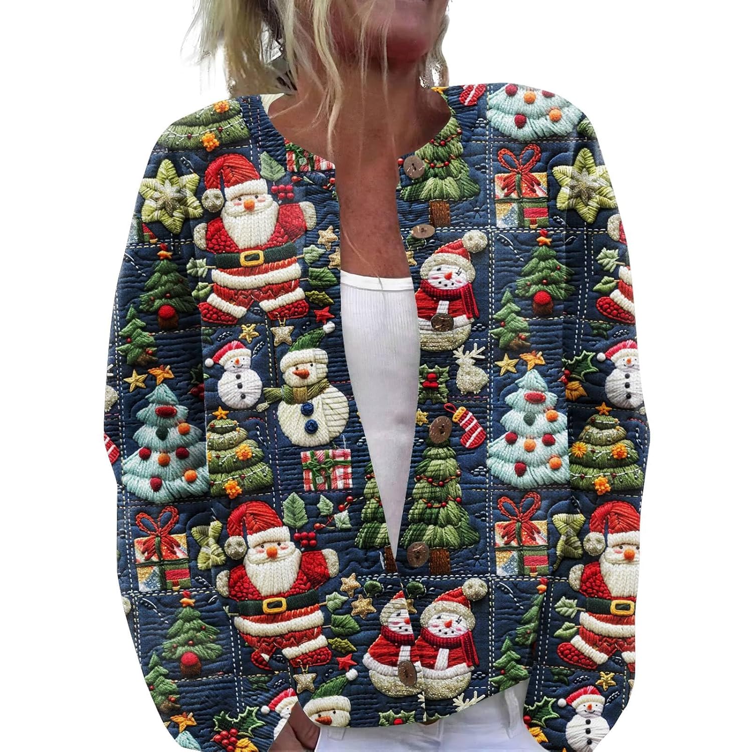 Christmas Cardigan Sweaters for Women 2025 Funny Xmas Open Front Button Down Cardigan Winter Long Sleeve Knit Coat