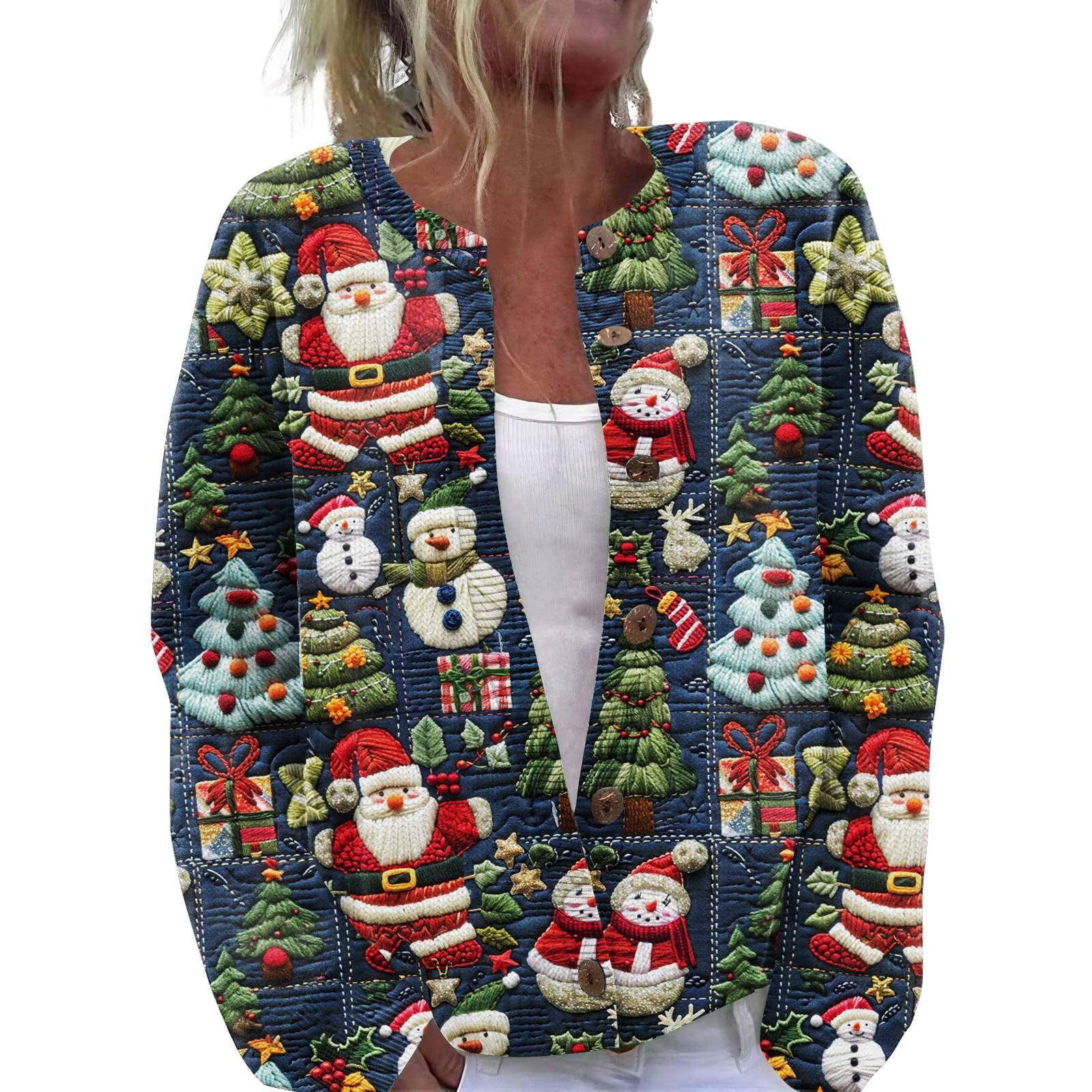 Christmas Cardigan Sweaters for Women 2025 Funny Xmas Open Front Button Down Cardigan Winter Long Sleeve Knit Coat