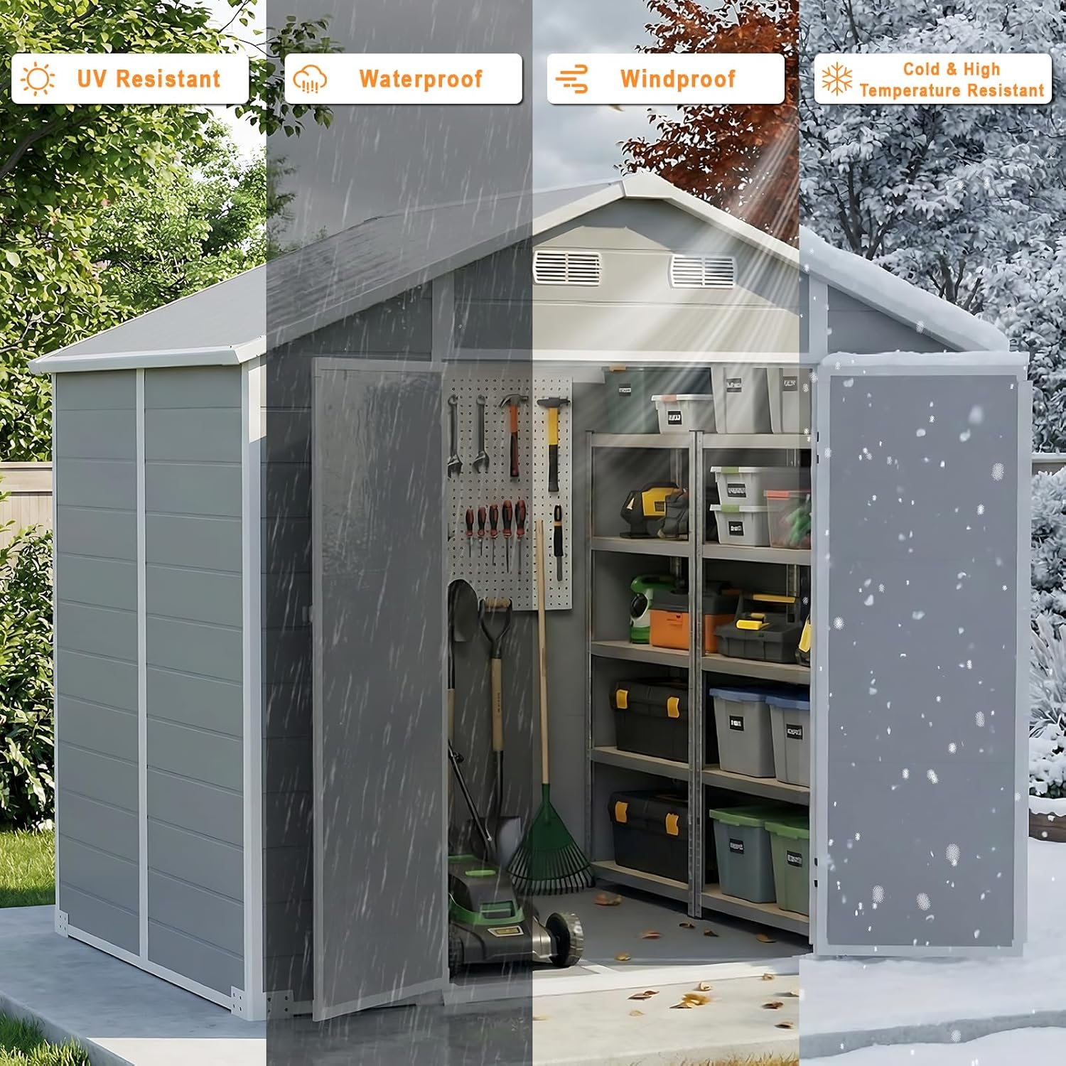 AIRAJ 8x6FT Outdoor Storage Shed with Floor,Waterproof Garden Resin Tool Shed with Window&Vents,Lockable Door&Ramp,Plastic Storage Shed Suitable for Patios,Gardens, Backyards and Construction Sites