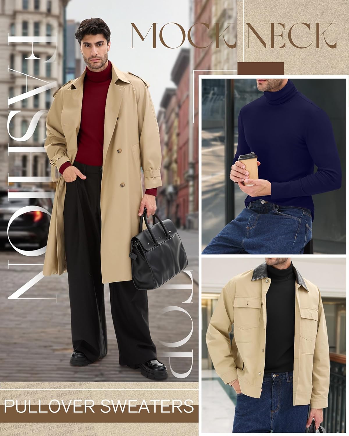 3 Pack Men's Big and Tall Ribbed Turtleneck Shirts, Long Sleeve Cotton Pullover Sweaters Mock Neck Slim Fit Tee Tops