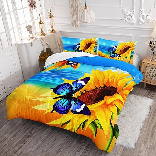 Miniatura 5 de Juego de edredón de mariposa con girasol, tamaño individual, para niñas, niños y adultos, juego de ropa de cama con temática de playa oceánica,