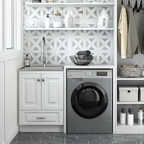Miniatura 2 de SIMPLIHOME Lawrence - Armario de lavandería de transición de 24 pulgadas con grifo y fregadero de acero inoxidable en color blanco, para lavadero y