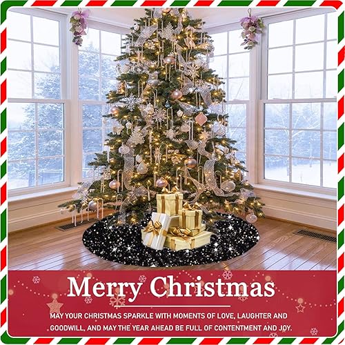 Miniatura 6 de Falda de árbol de Navidad negra de 46 pulgadas, falda de árbol de Navidad con lentejuelas de terciopelo suave, falda de árbol de Halloween