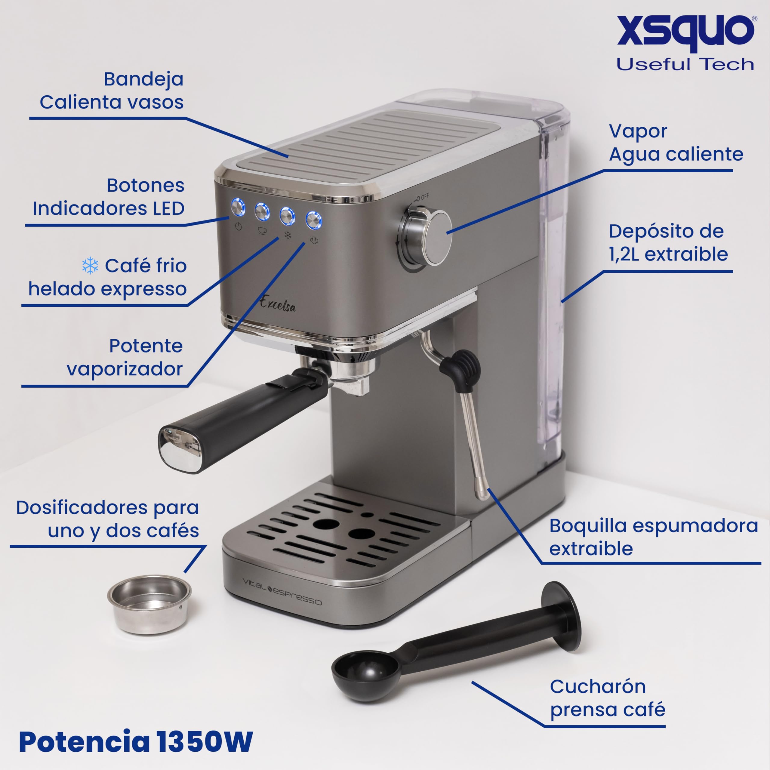 XSQUO Useful Tech Caffettiera Express da 1350 W, 20 bar, con vaporizzatore orientabile e pannello digitale - Vital Espresso Excelsa - Funzione caffè freddo