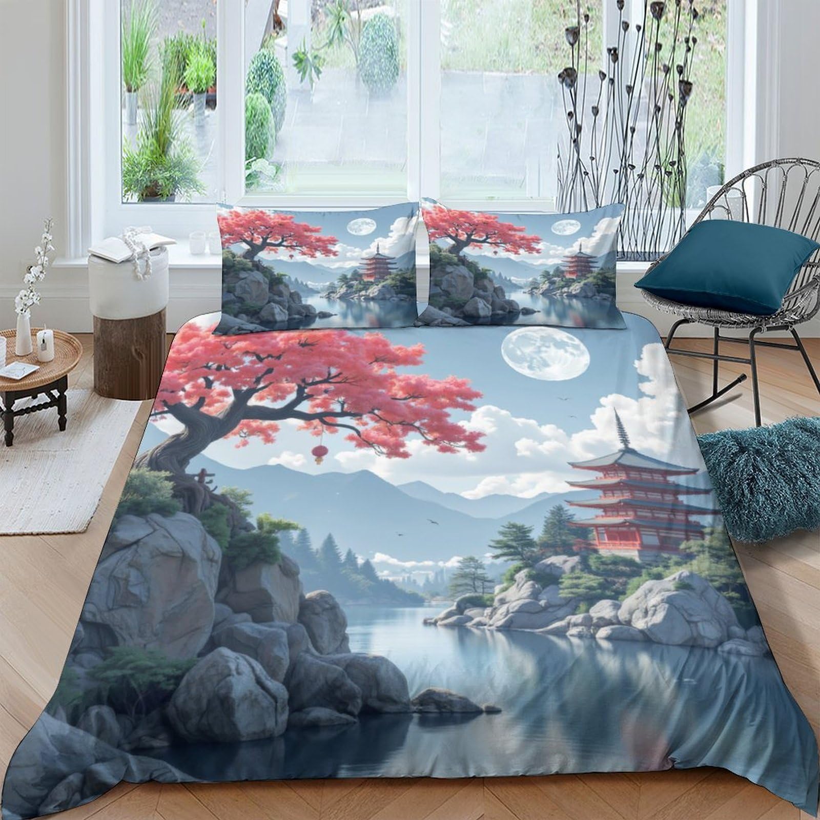 Ctjqhvkz Style-4 3D Printed Japanese Landscape Fitted Sheet Microfiber Soft Pagoda Moon Mattress Cover Bedroom Decor Anti-Slip Washable Single（135X200cm）
