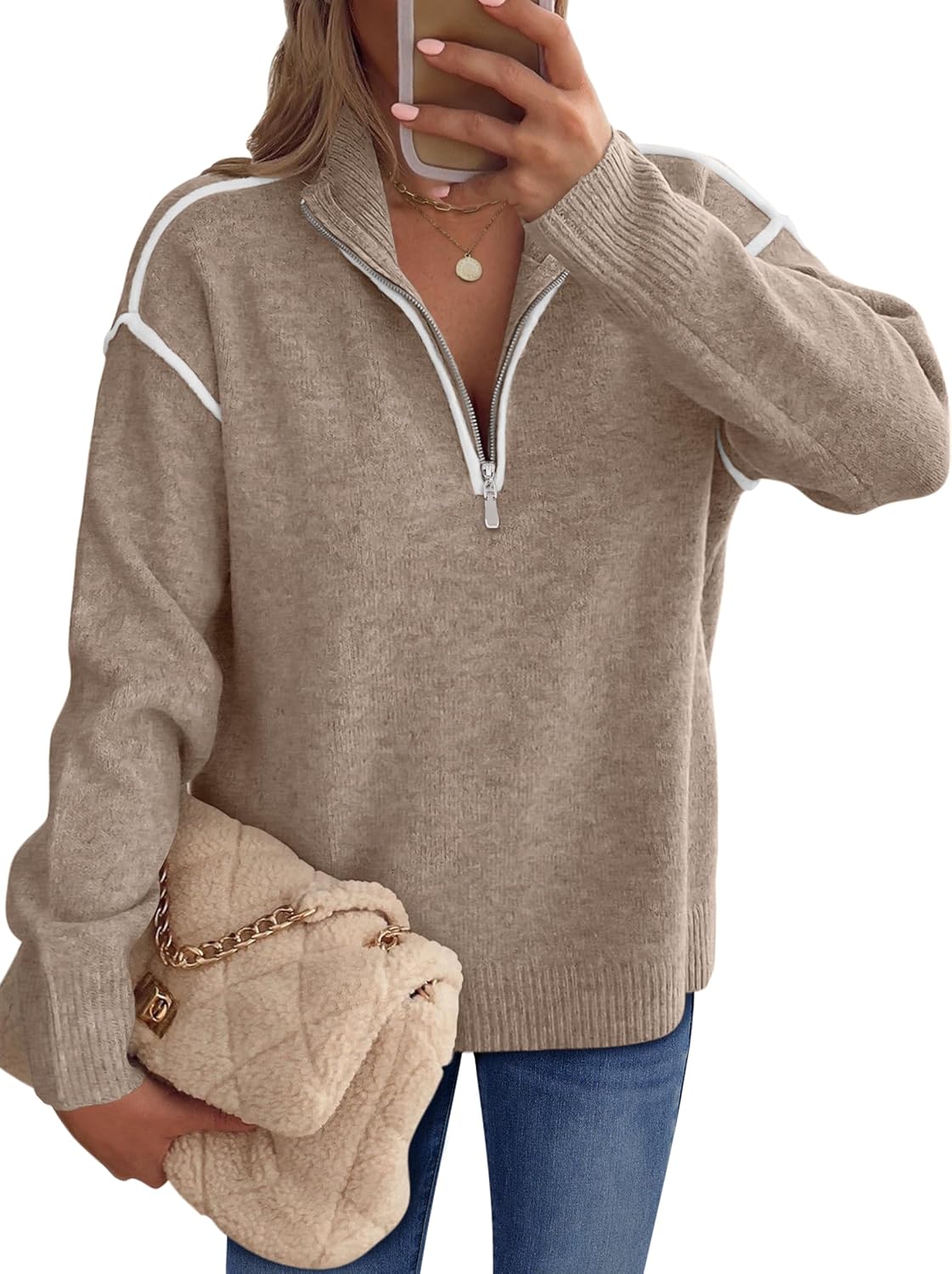 ANRABESS Womens Long Sleeve Quarter Zip Sweaters Fall Business Casual V Neck Collared Knit Pullover Sweater Top Work Shirts