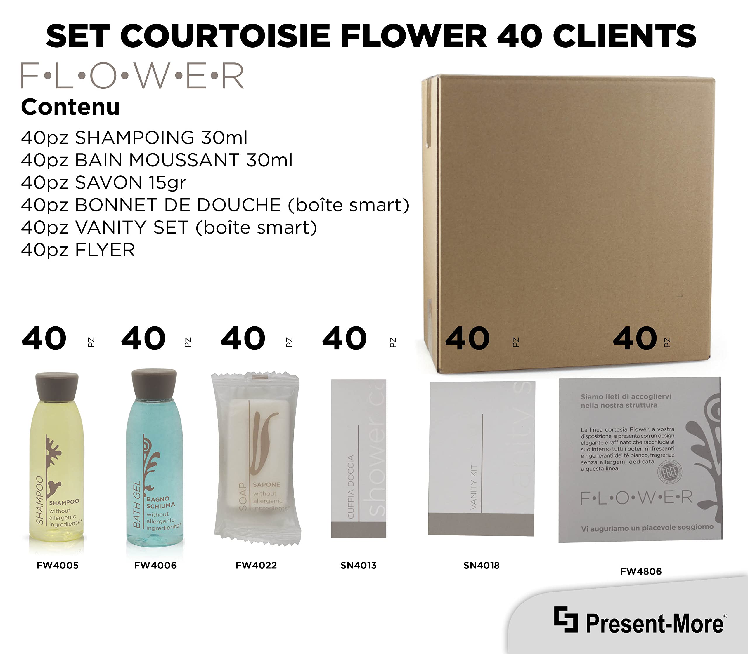 PRESENT-MORE - Kit Accueil 40 Invités Flower - Parfum Thé Vert - Contenu: Shampooing, Gel Douche, Savon, Bonnet de Douche et Vanity - Pour Hôtels et B&B