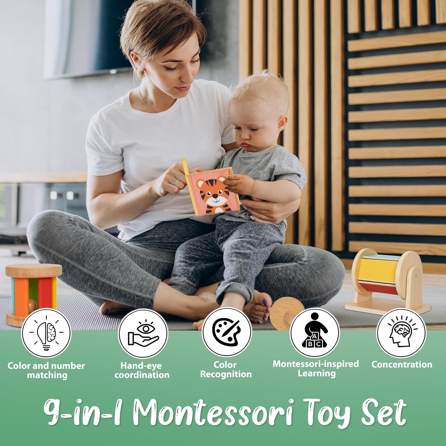 Pine Bunny Montessori Wooden 9-in-1 Toy Set for 4+ Months, Silicone Teether, Interlocking Discs, Mirror Toy, Wooden Bell Cylinder, Cloth Book, Spinning Drum, Educational Learning Sensory Development
