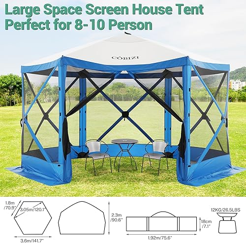 Miniatura 6 de COBIZI Gazebo desplegable de 12 x 12 pies para campamento, campamento al aire libre, cenador con paredes laterales, tienda de campaña portátil con