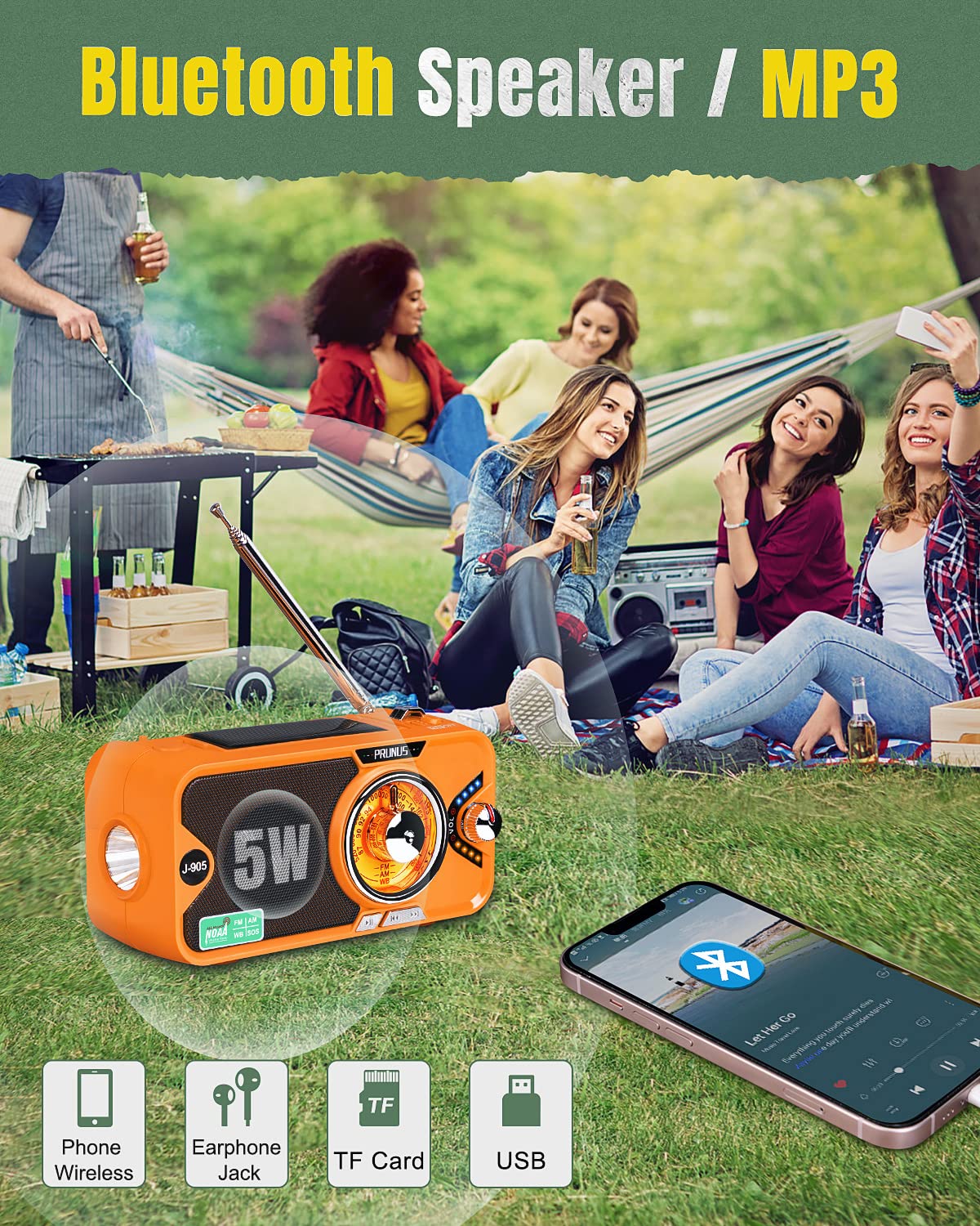 PRUNUS J-905 used as a Bluetooth speaker and MP3 player in an outdoor setting