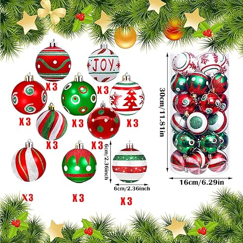 Miniatura 7 de Juego de 30 bolas de Navidad para decoración de árbol de Navidad, 2.4 in, inastillables, adornos para árbol de Navidad, corona de Navidad y