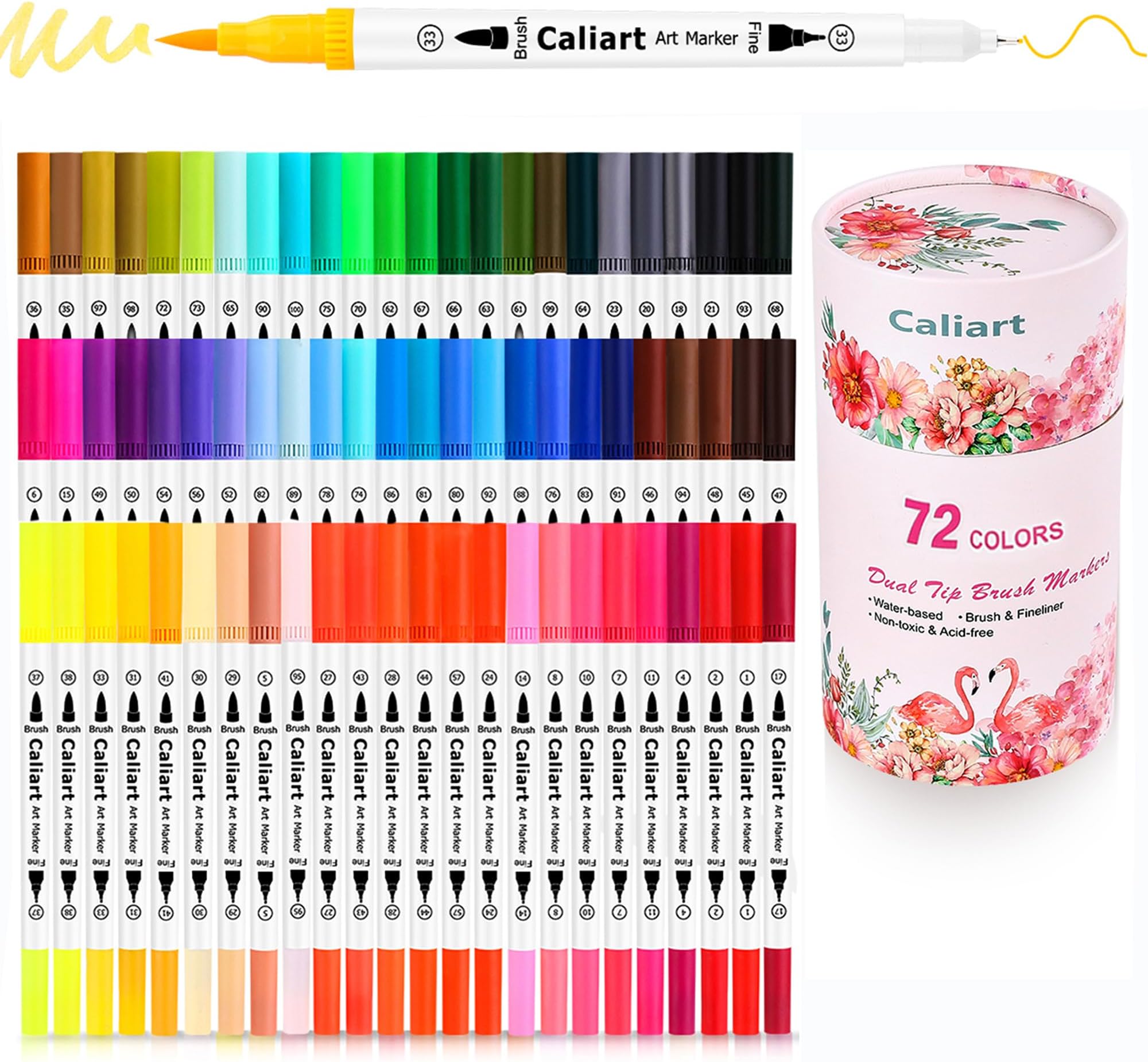 Caliart 72 Dual Brush Pens Art Markers, Artist Fine & Brush Tip Pen Coloring Markers for Adult Coloring Book Journaling Note Taking Lettering Calligraphy Kids Drawing Pens Kit Art Craft Supplies