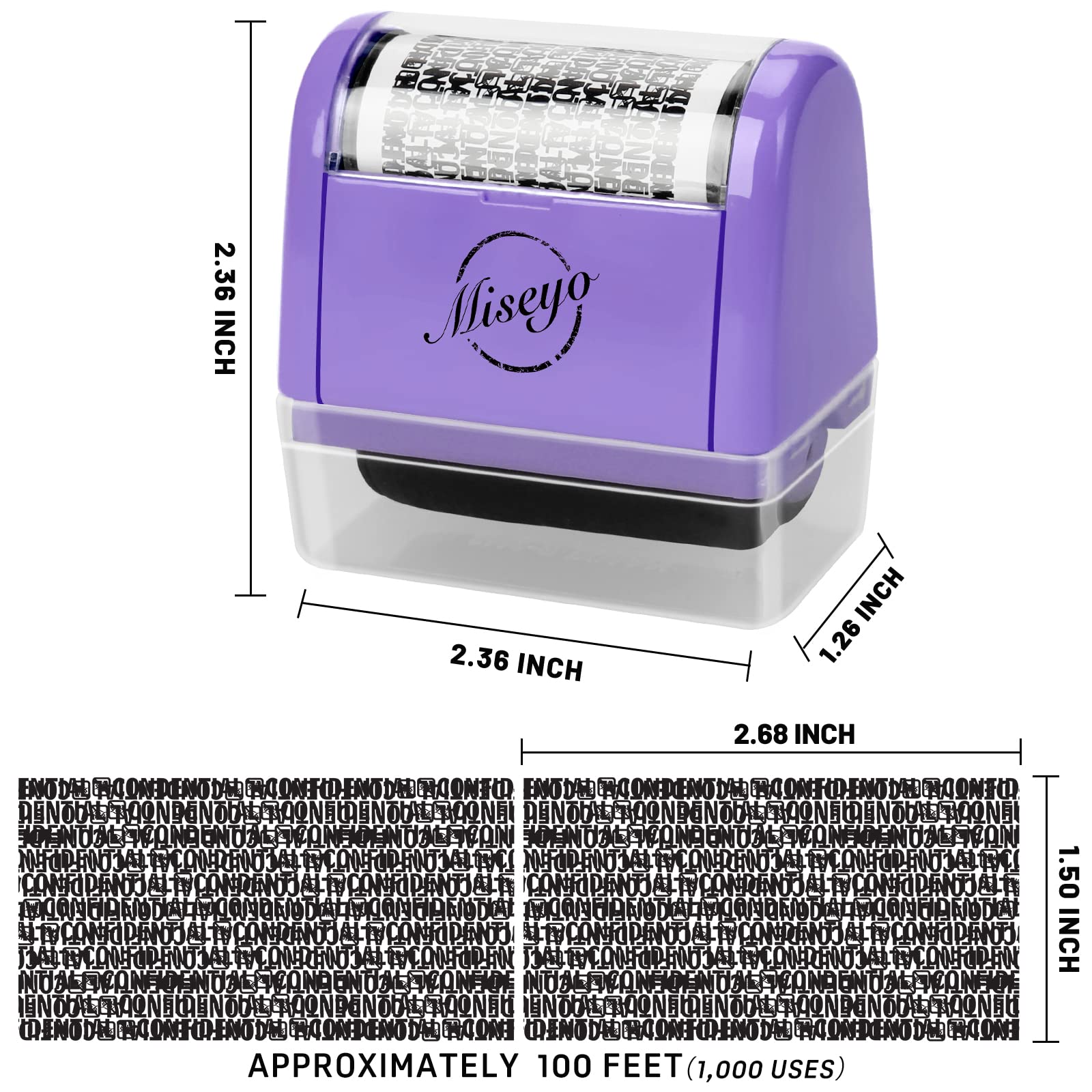 Miseyo Wide Identity Theft Protection Roller Stamp Set - Purple (3 Refill Ink Included), Stamp+3 Refills - Image 2