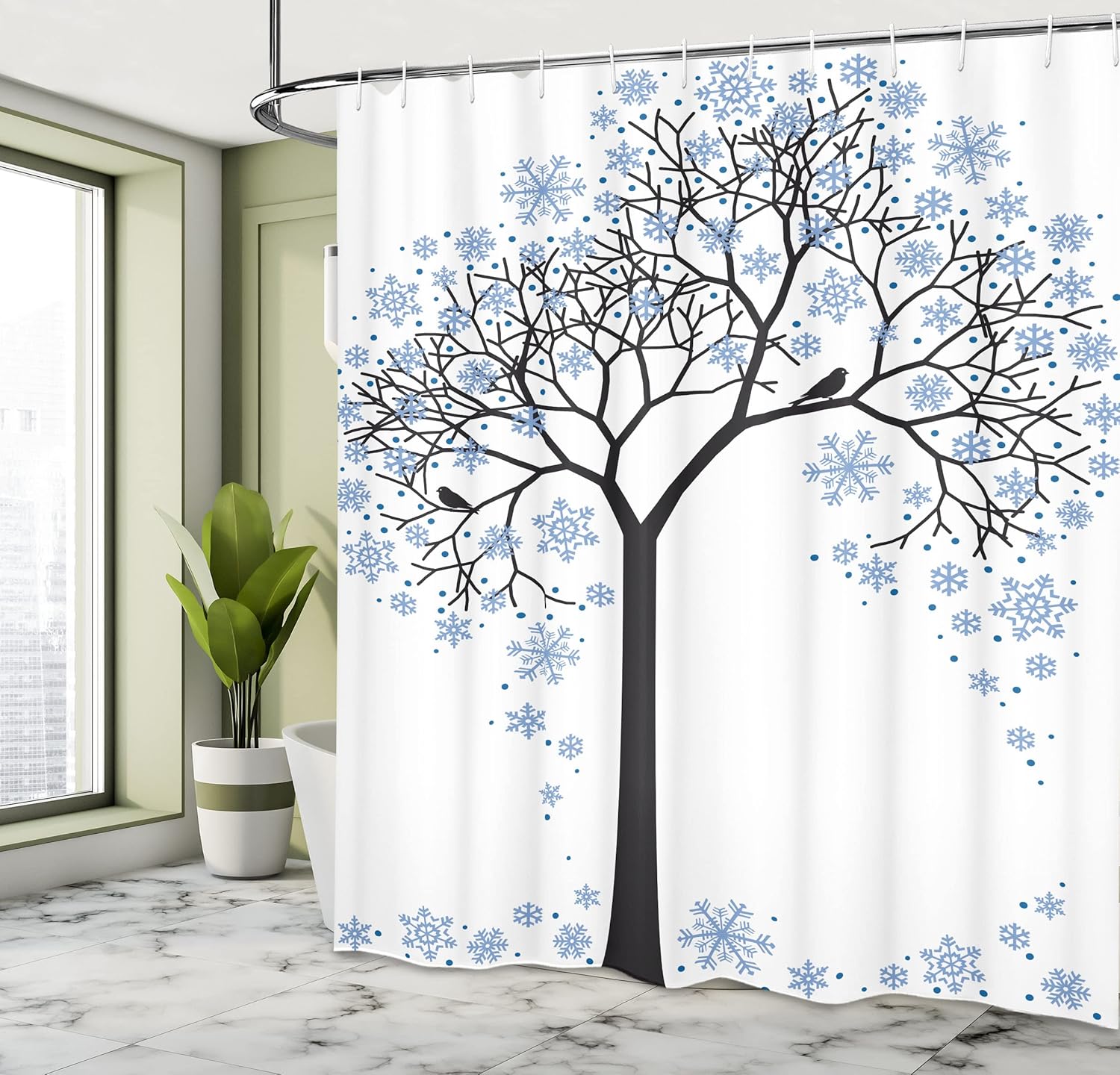 Ambesonne Winter Shower Curtain, Barren Tree Silhouette with Snowflake Leaves Hand Drawn Interpretation Snow Season, Fabric Bathroom Decor Set with Hooks, 69" W x 70" L, White and Blue