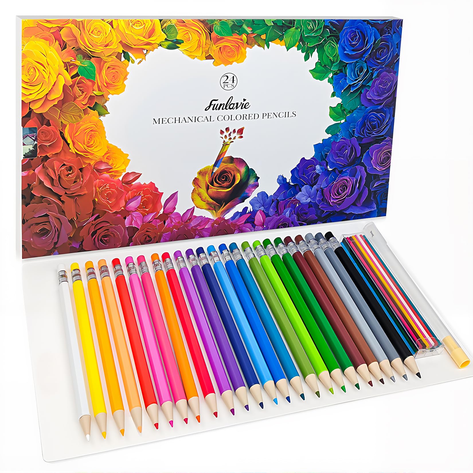 FUNLAVIE 24 Mechanical Coloured Pencils with 24 Leads Refills,Oil-Based Soft Core Drawing Pencils for for Adult Coloring Books & Art Sketching with Sharpener,2.6mm