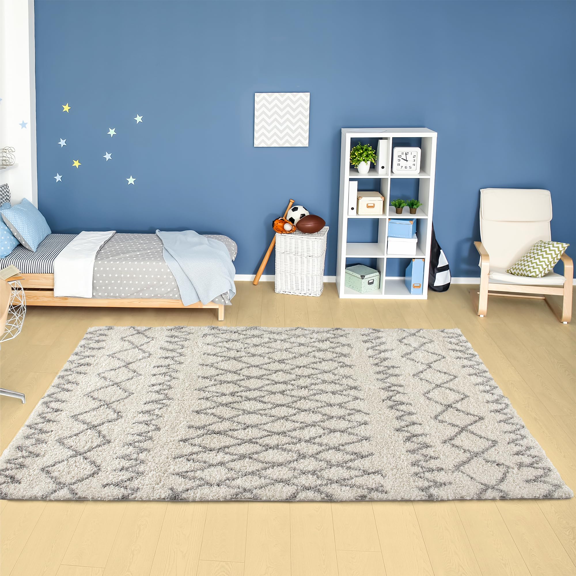 THE RUGS Modern Moroccan Design Living Room and Bedroom Rugs, Non-Shedding & Easy Care (Tangier Ivory/Grey, 80x150 cm) - Image 2