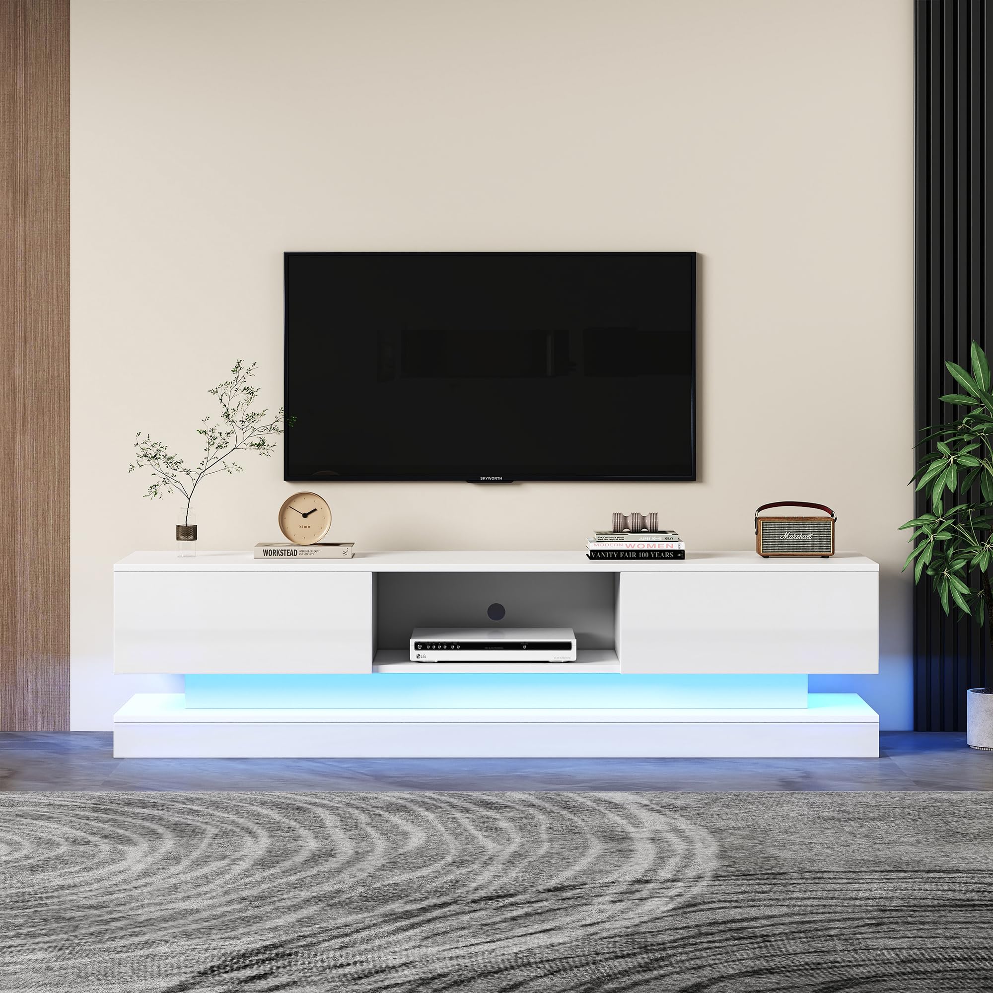 FammyLoft 160cm High Gloss TV Cabinet for Living Room with 16 Colour RGB LED Lights, TV Stand Unit with 2 Drawers and Open Storage Shelf, Modern TV Unit for TVs up to 70 Inch, White
