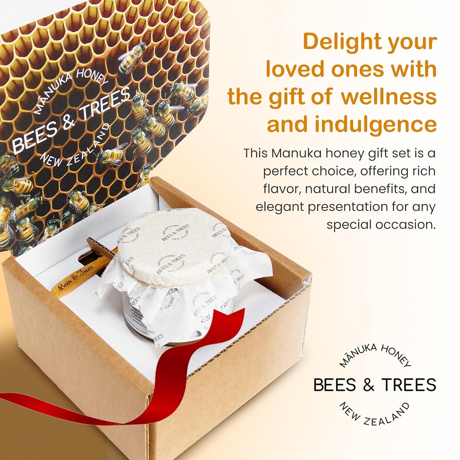 Bees & Trees Manuka Honey 550+ MGO – New Zealand Pure Monofloral, Raw – Premium & Minimally Processed for Health, Strength & Vitality – Unpasteurized Superfood in Gift Set - 380g (13.4oz) Glass Jar