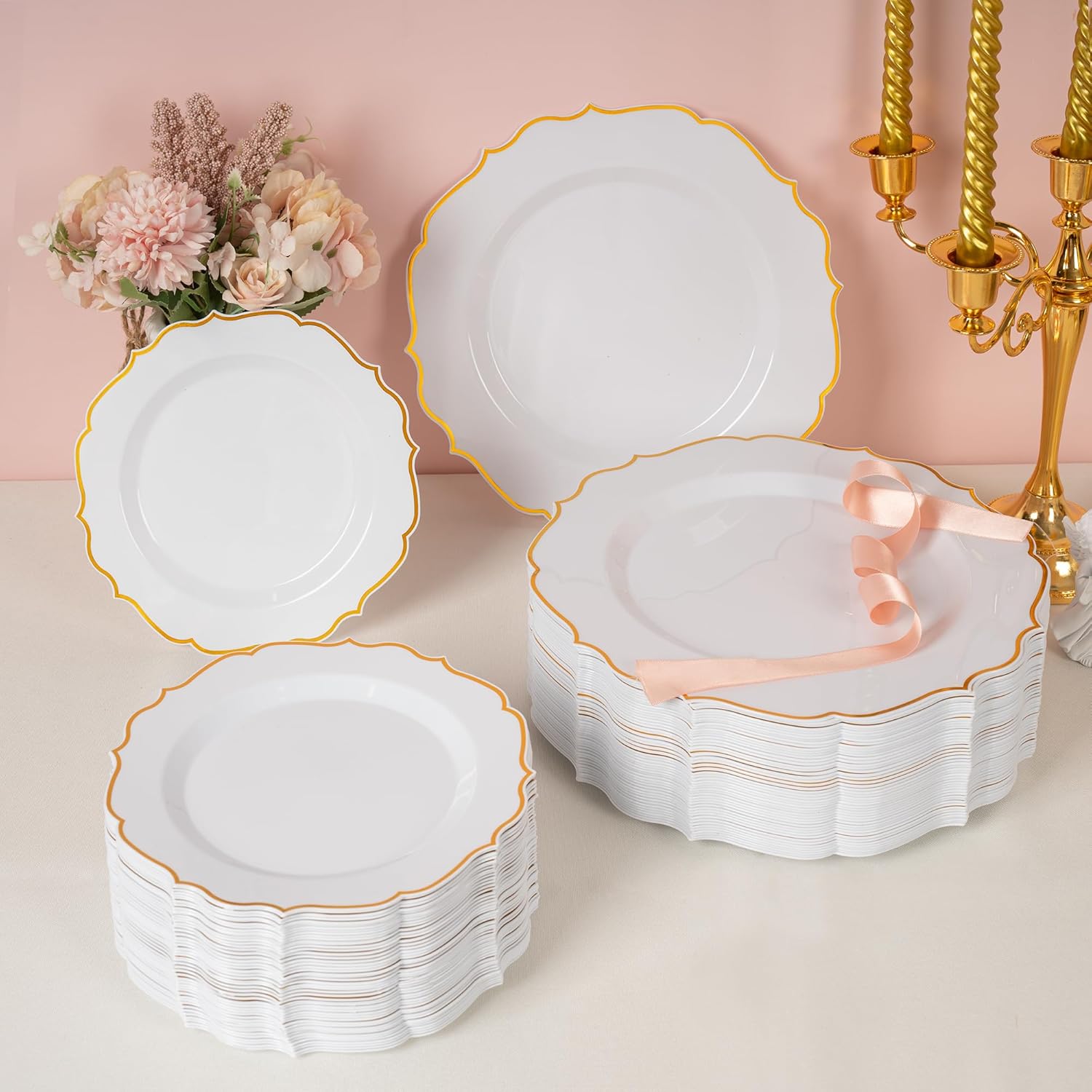 100 PCS Gold Dessert Plastic - 7.5 inch White & Gold Plastic for Party Cake Plates Elegant Heavy Duty Disposable Plates for Wedding & Party - Image 6