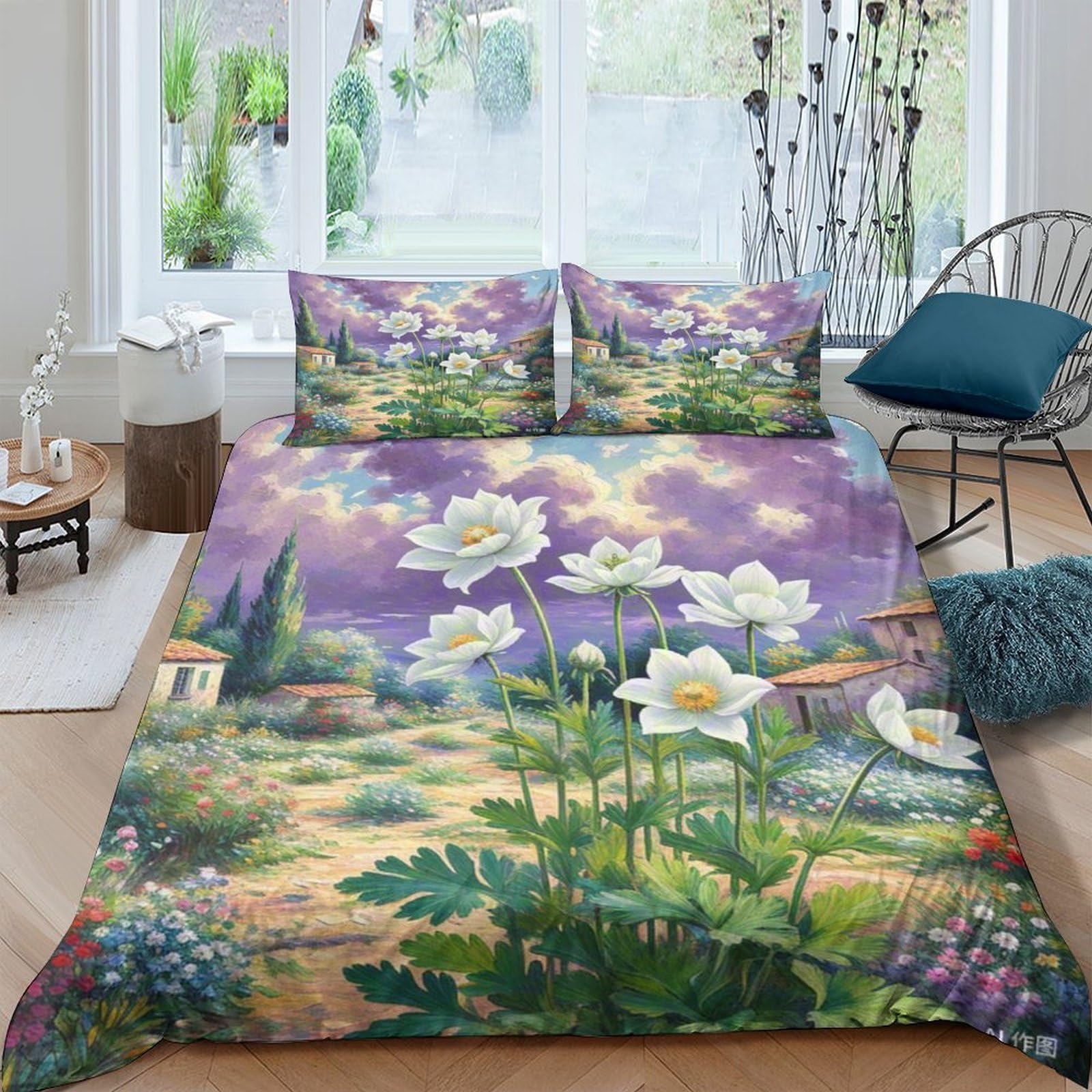 Housse de couette anémone 3D 220x240 cm en microfibre avec taies