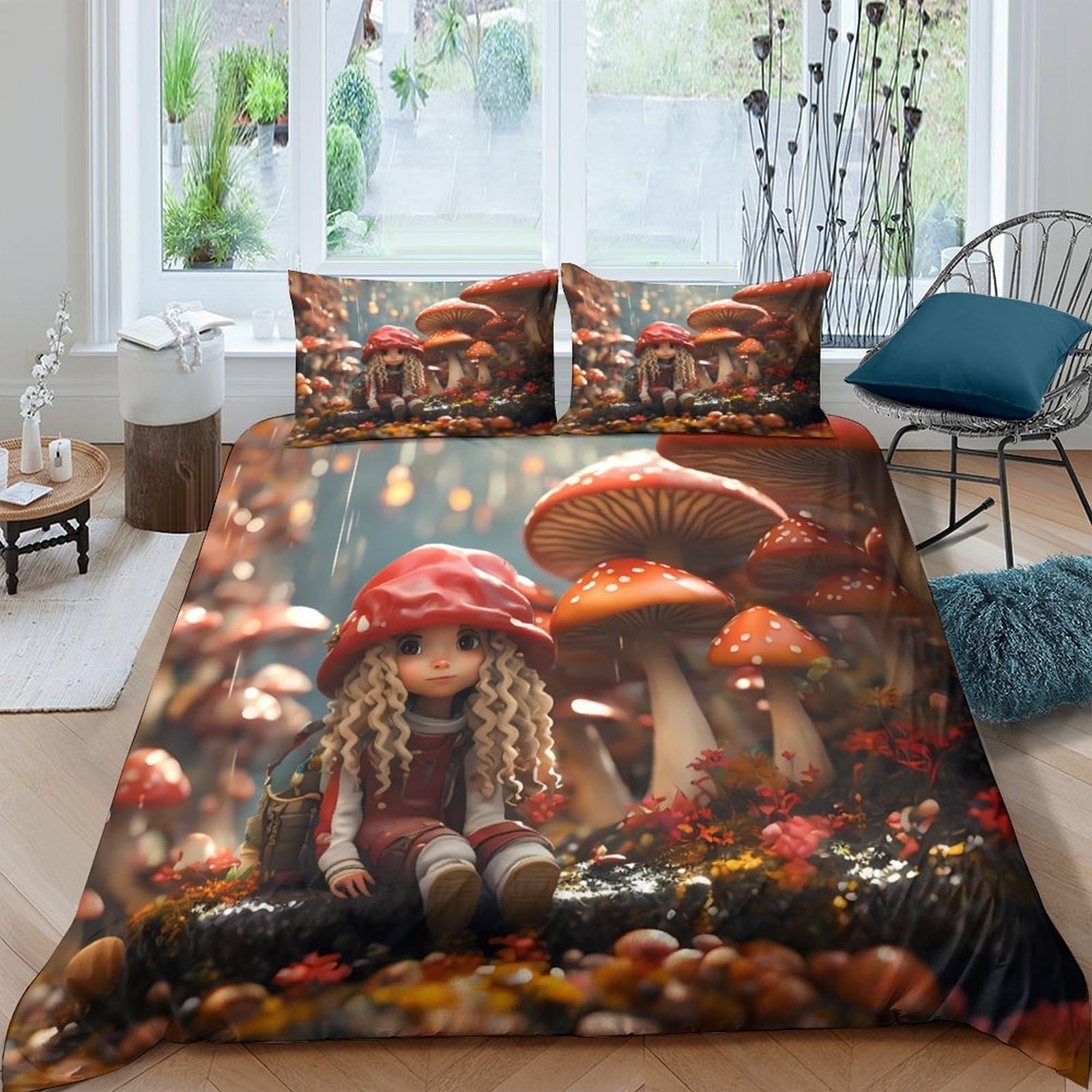 GPLZQXKJNH 3D Printed Mushroom Forest Duvet Cover Microfiber Soft Autumn Elf Bedding Set with 2 Pillowcases for Bedroom Decor Single（135x200cm）