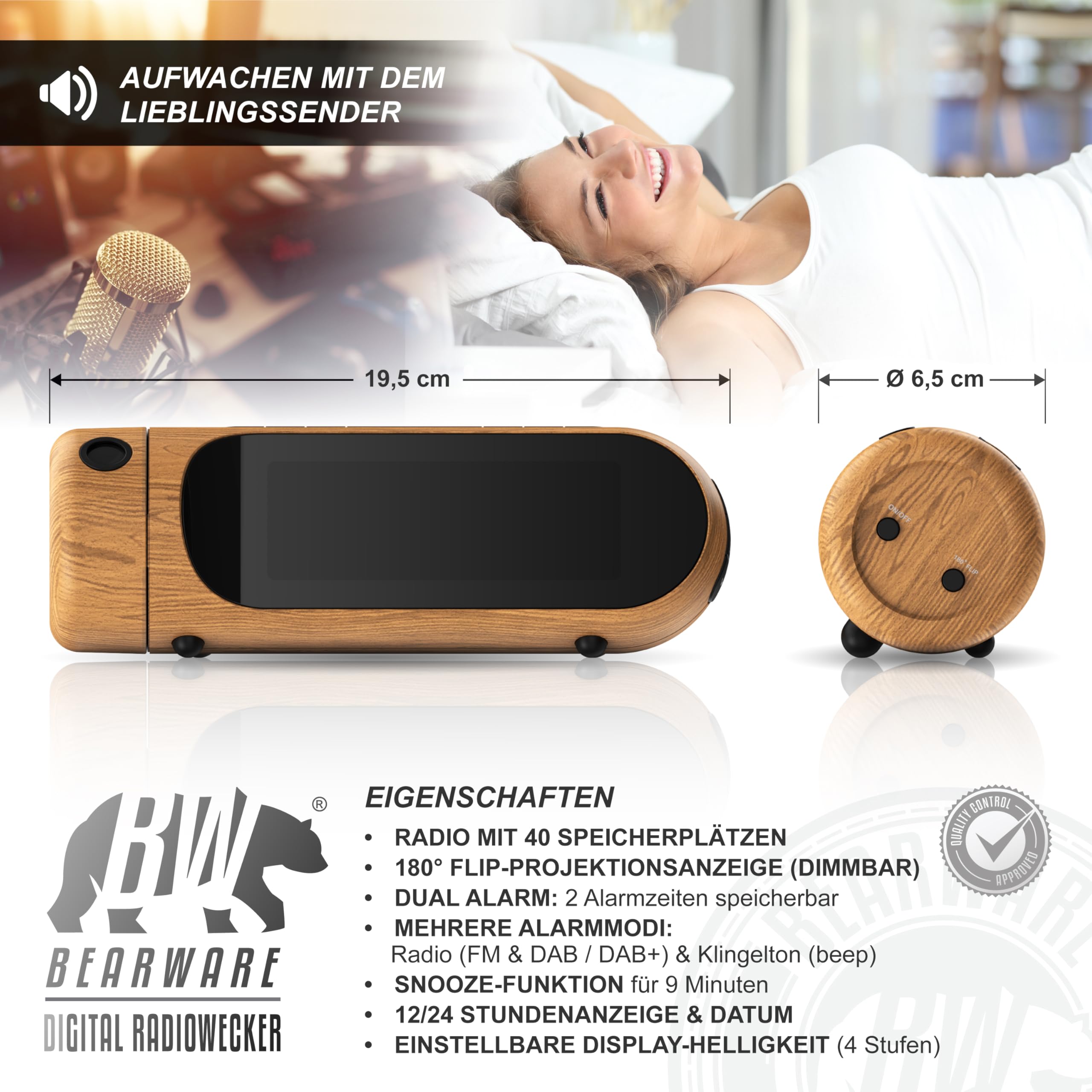 CSL - DAB Plus Radio - Radiowecker Projektionswecker digital – DAB/DAB+ / FM Radio mit je 20 Speicherplätzen – Ladeausgang – 4 Helligkeitsstufen – dimmbare Projektion