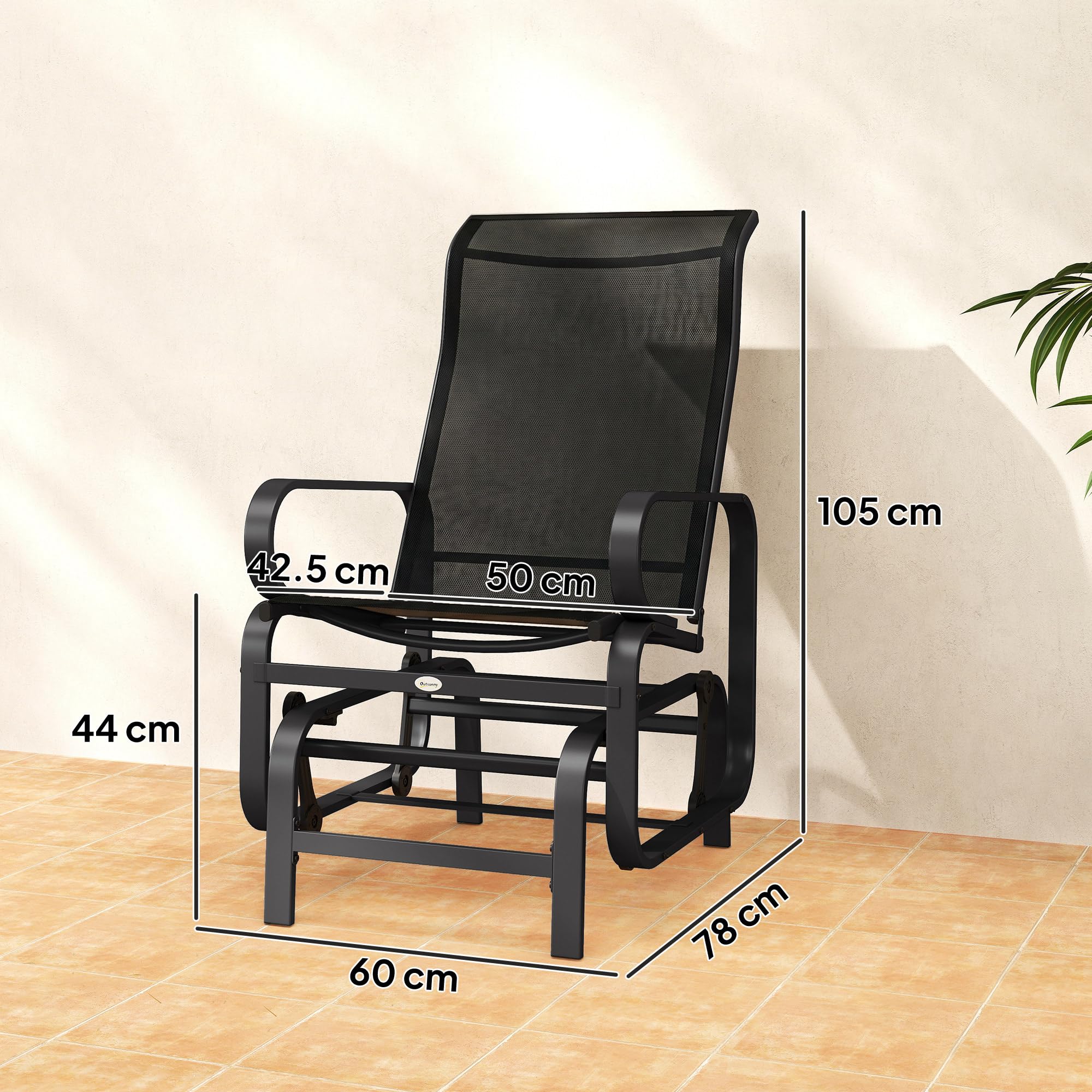 Outsunny Mecedora deslizante para exteriores con marco de metal resistente para jardín, cómoda silla oscilante para patio, patio trasero y piscina, color negro