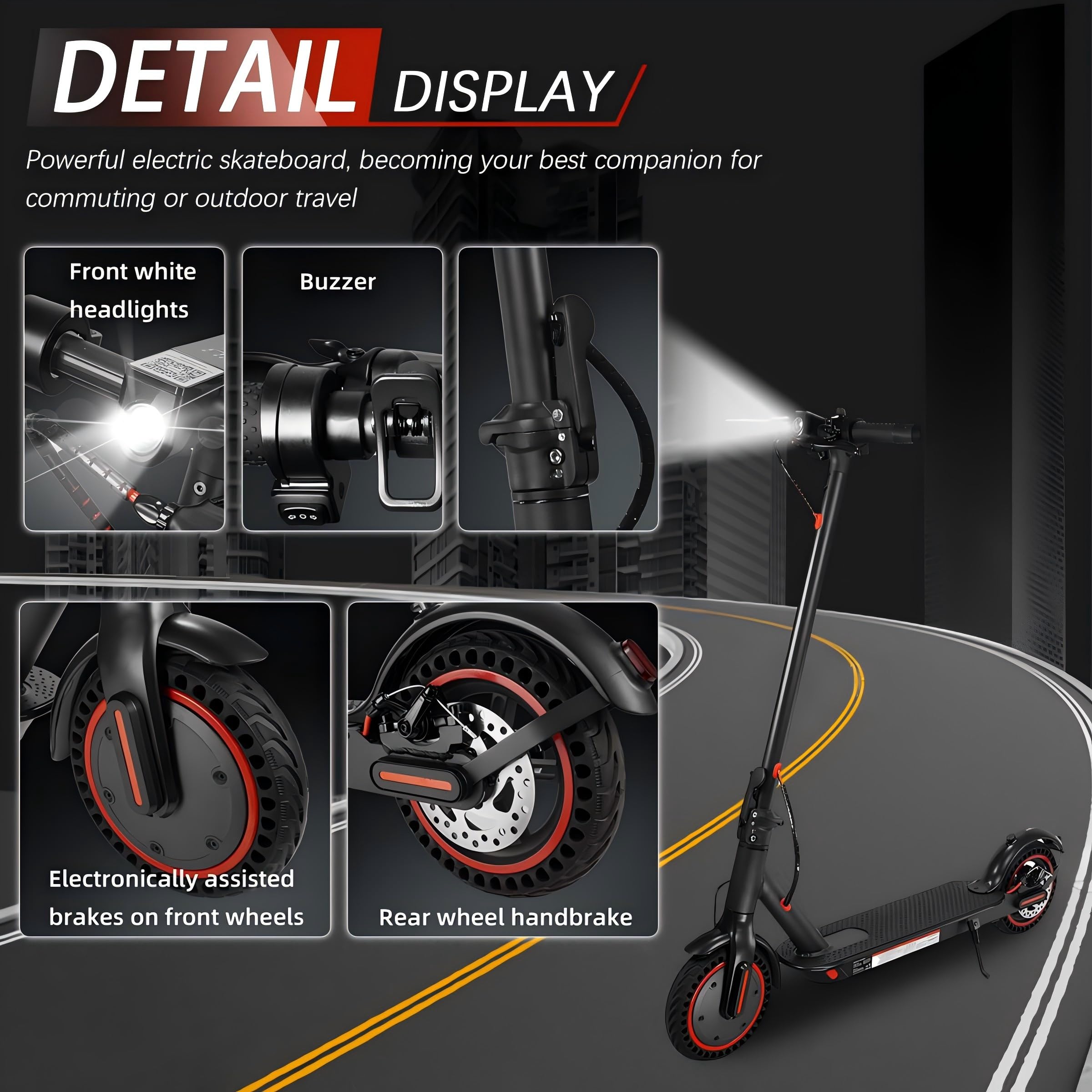 Patinete eléctrico con sistema de frenado doble, carga de hasta 264 libras, alcance de 18 millas, LED, 20 km/h, motor de 350 W, neumáticos de panal de 8,5 pulgadas, con soporte para teléfono móvil y