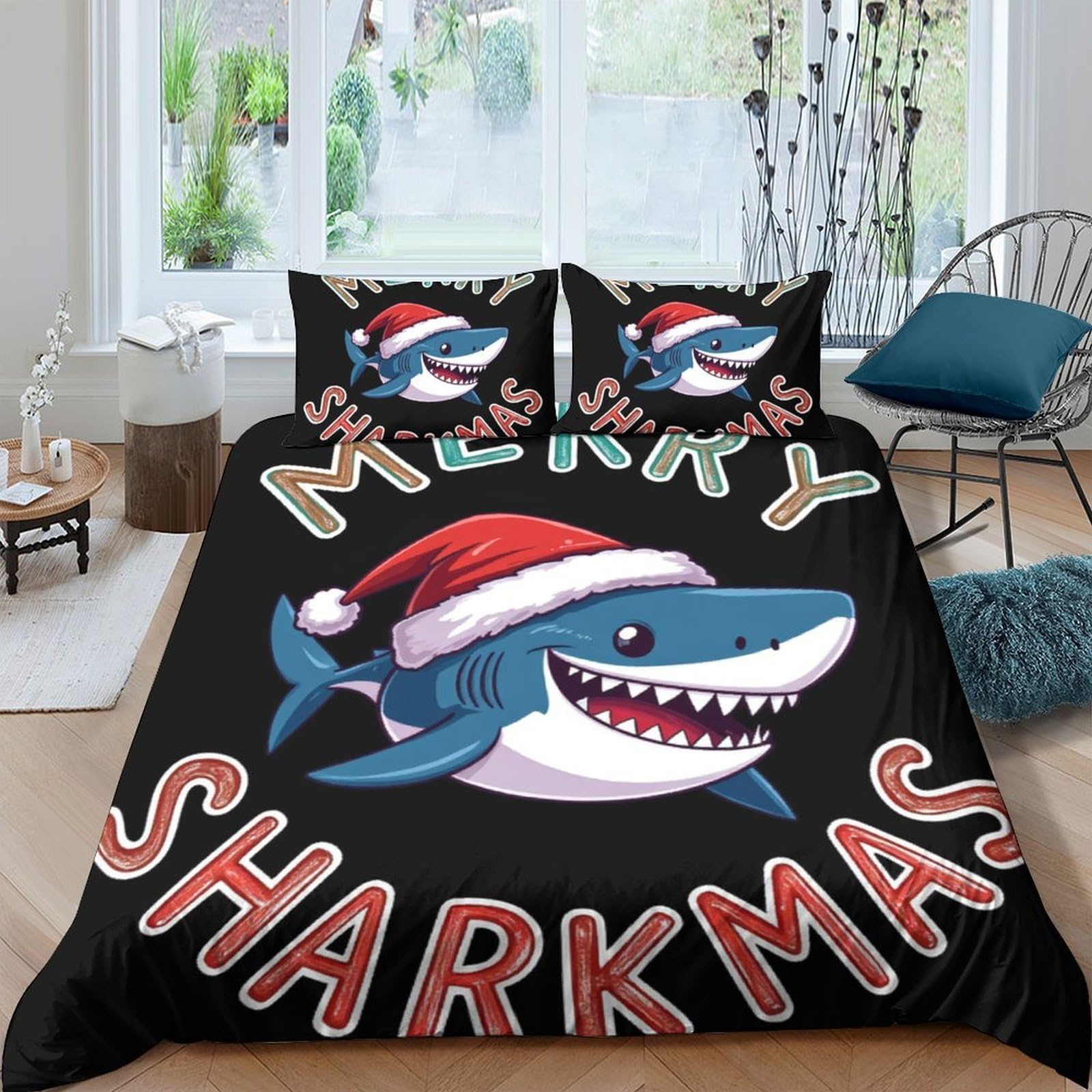Ctjqhvkz Style-1 3D Printed Christmas Shark Fitted Sheet Microfiber Soft Cartoon Santa Shark Bed Cover For Bedroom Dorm Mattress Protection Decor Single（135X200cm）