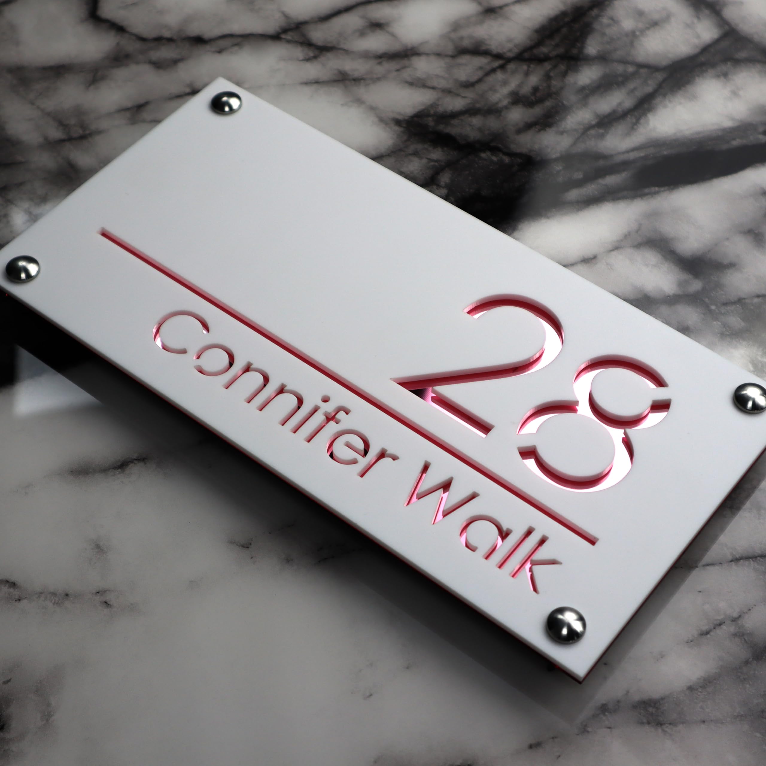 K SMART SIGN | LUXE H1 | House sign door number laser personalised address wall plaques numbers Signs (Matt White & Rose Gold Mirror)
