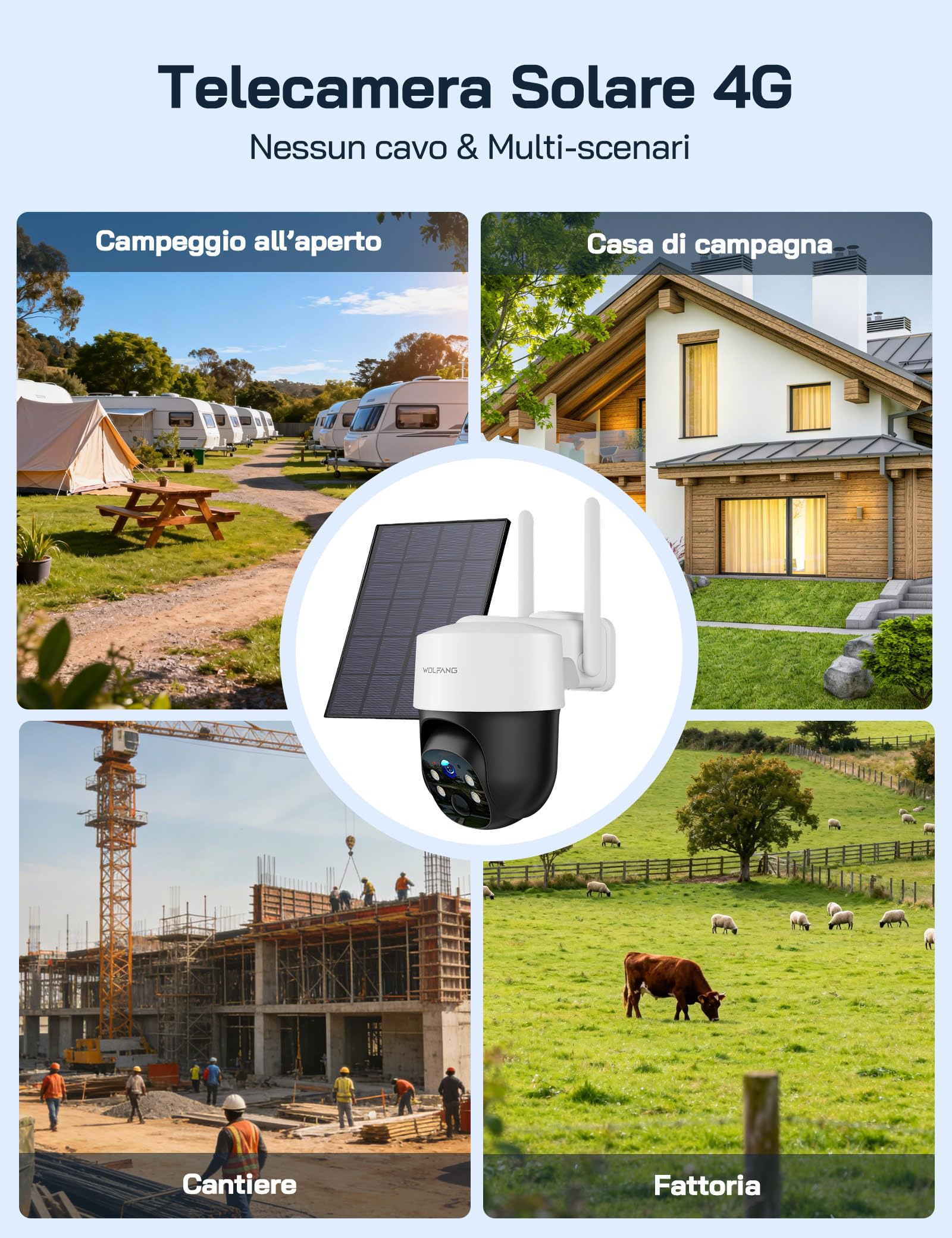 WOLFANG Telecamera Esterno 4G con SIM, Telecamera Senza WiFi, Pannello Solare, 2.5K HD, Visione Notturna con Faro, Audio Bidirezionale, PIR, Registrazione Locale, Scheda microSD 32 GB