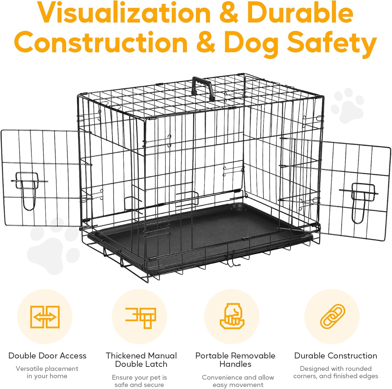 HealSmart 36 Inch Medium Dog Crate with Divider, Double Door Folding Metal Wire Cage with Leak-Proof Plastic Tray, Portable Pet Kennel for Indoor, Outdoor and Travel, Black