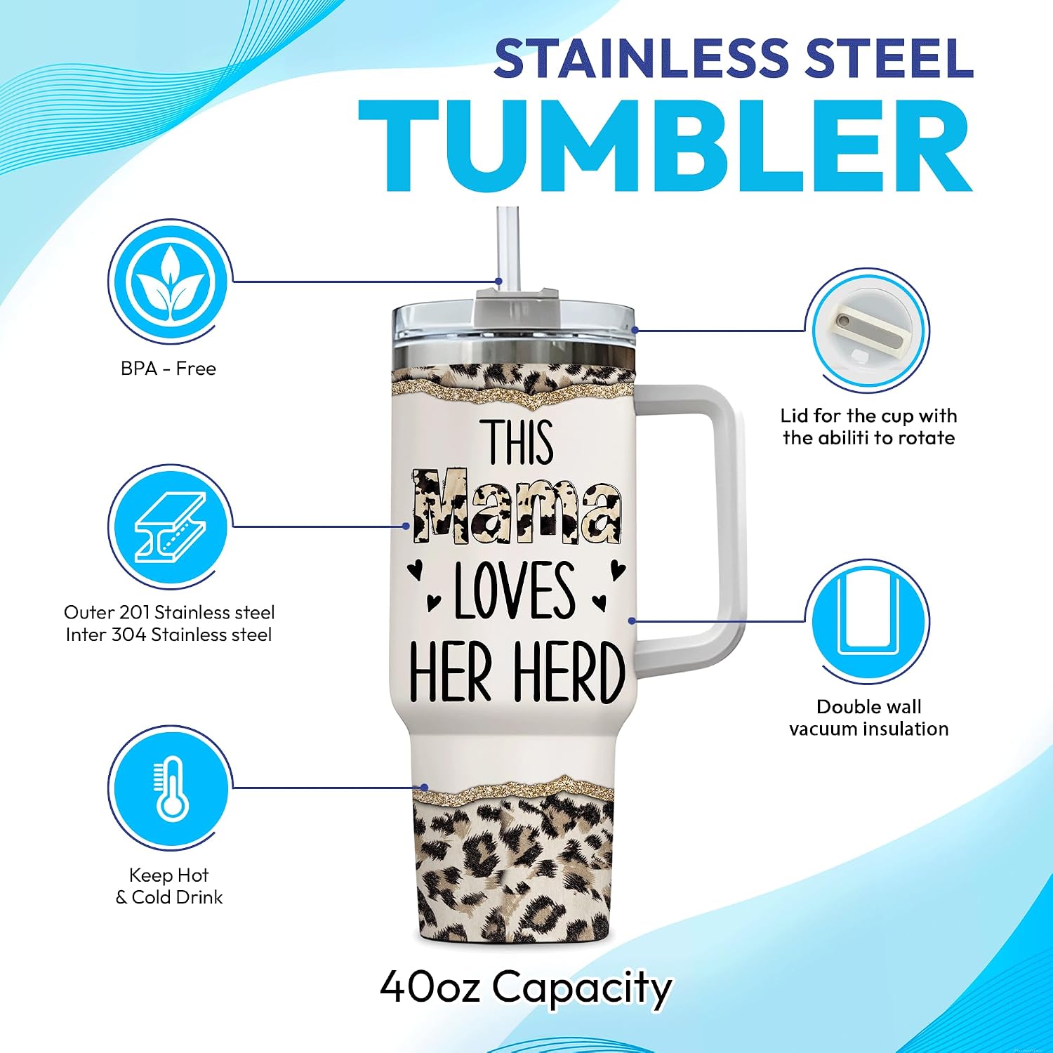 Hyturtle Personalized Gifts For Highland Cow Lover Tumbler 40oz with Handle and Straw - Stainless Steel Travel Coffee Cup With Lid - Cute Farm Animal Lover Gifts For Women, Mom On Birthday Christmas