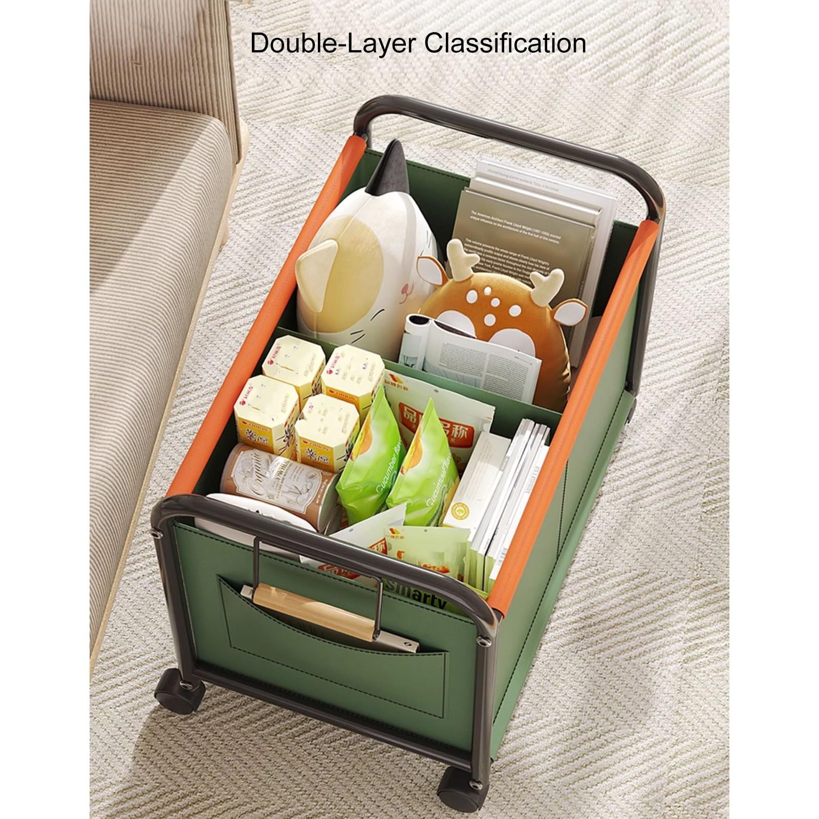 Carrello portabiancheria con design divisorio e borsa in tessuto Oxford, piccolo carrello commerciale per lavanderia con ruote (verde)