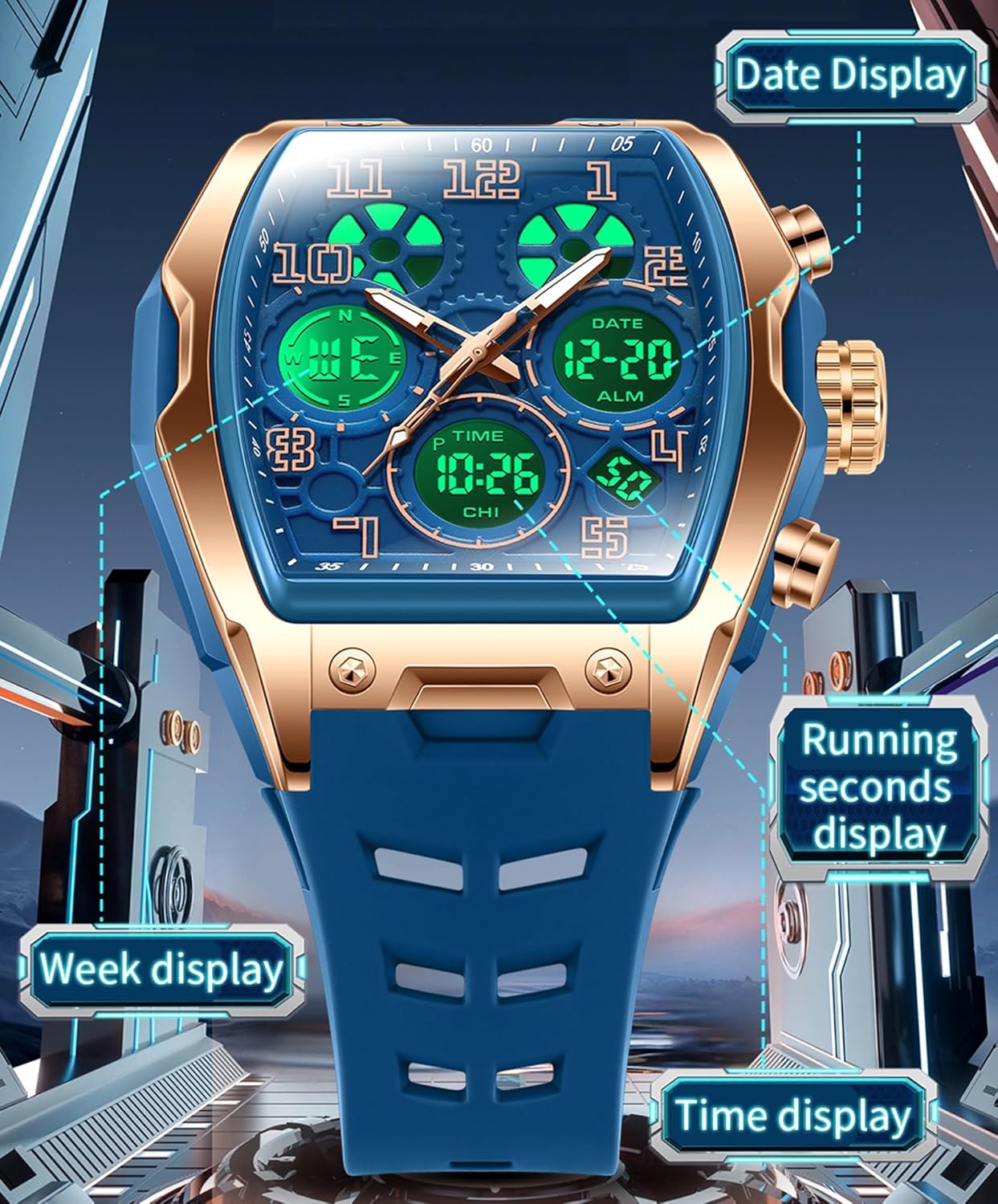 Mens Watches for Men Digital Analog Watch Triple Time Zone LED Backlight Alarm Stopwatch Silicone Strap 5ATM Waterproof for Travel/Sport/Business Easy Read Fashion Birthdays Gift for Him
